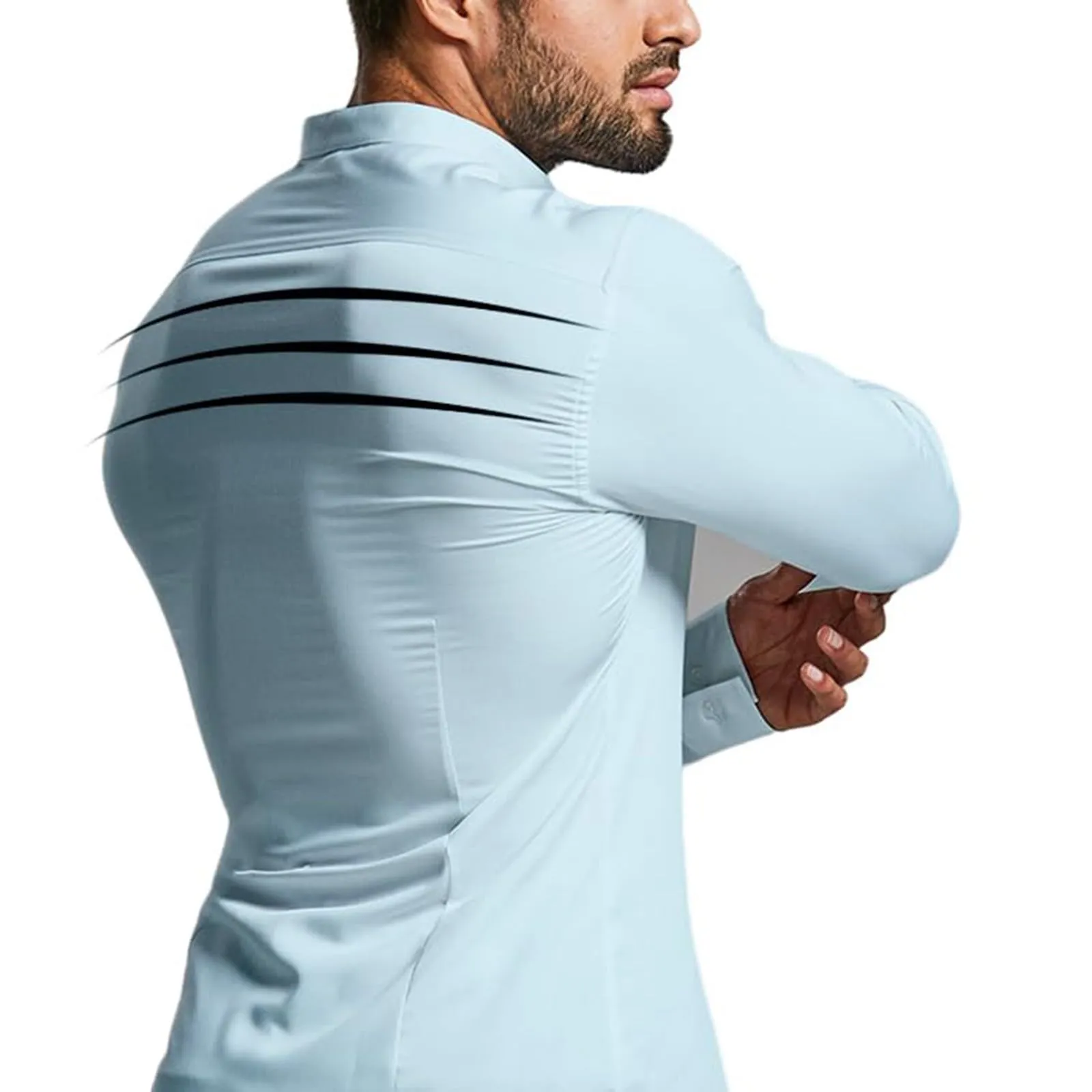 Generico Camicia da Uomo a Taglio Muscle Fit, Atletica Slim Fit, Maniche Lunghe Elasticizzate, Top Casual a Bottoni(BU1, M) - immagine 5