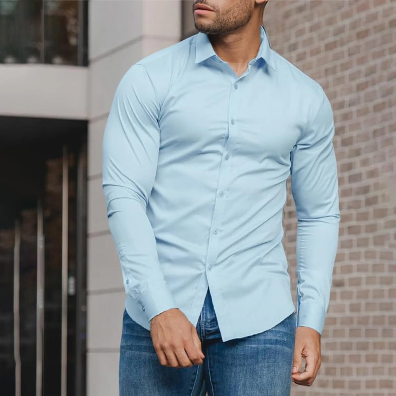 Generico Camicia da Uomo a Taglio Muscle Fit, Atletica Slim Fit, Maniche Lunghe Elasticizzate, Top Casual a Bottoni(BU1, XXXXL) - immagine 2