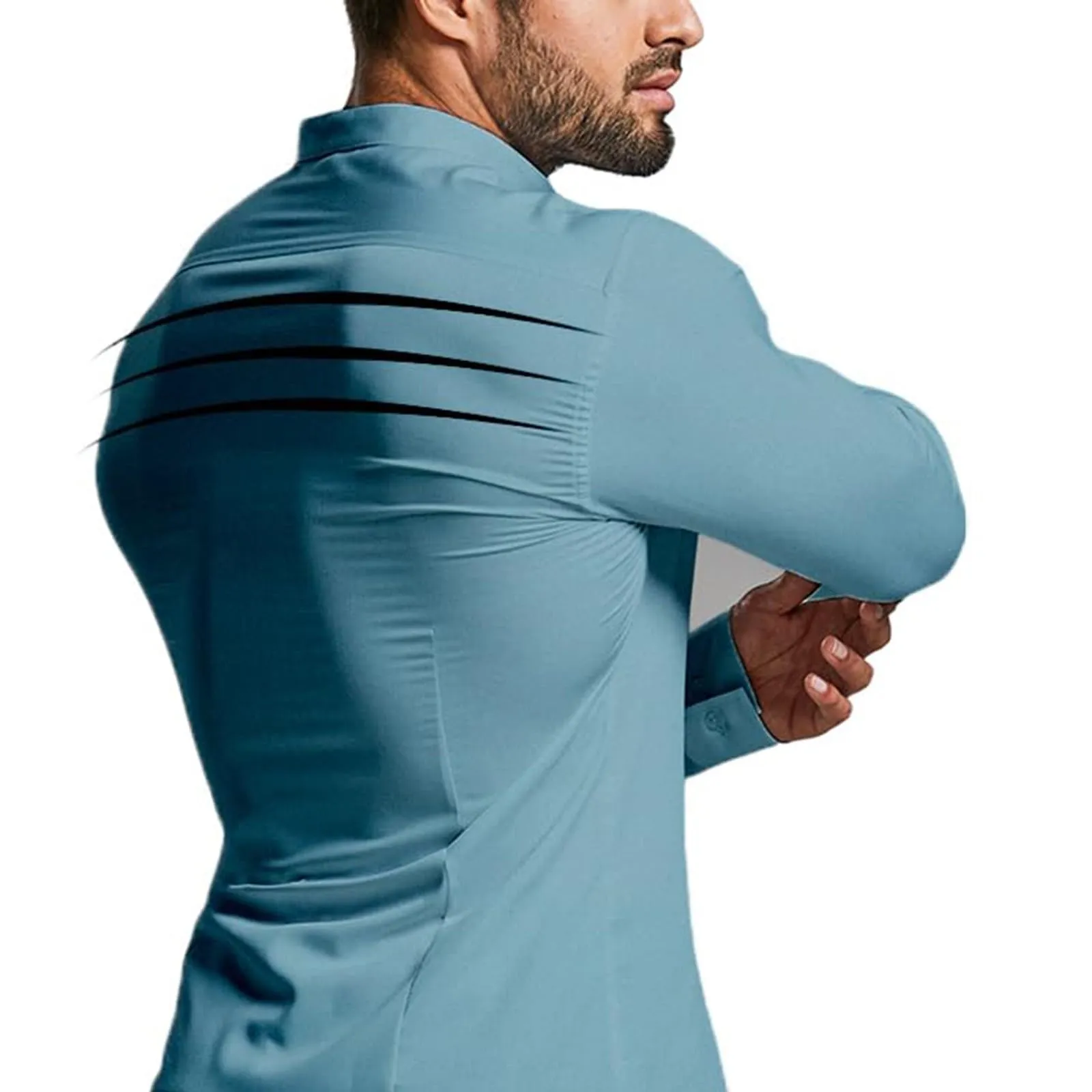 Generico Camicia da Uomo a Taglio Muscle Fit, Atletica Slim Fit, Maniche Lunghe Elasticizzate, Top Casual a Bottoni(Sky Blue, L) - immagine 5