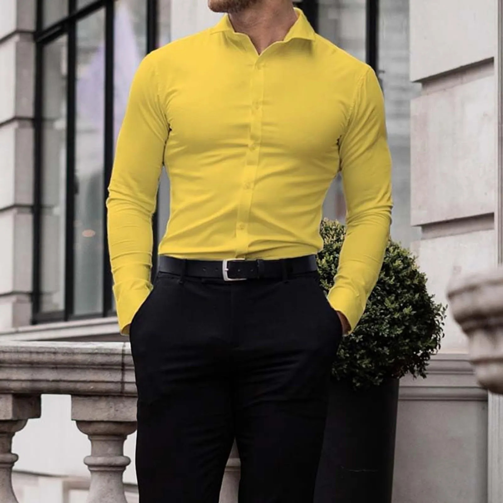 Generico Camicia da Uomo a Taglio Muscle Fit, Atletica Slim Fit, Maniche Lunghe Elasticizzate, Top Casual a Bottoni(Yellow, XL) - immagine 2