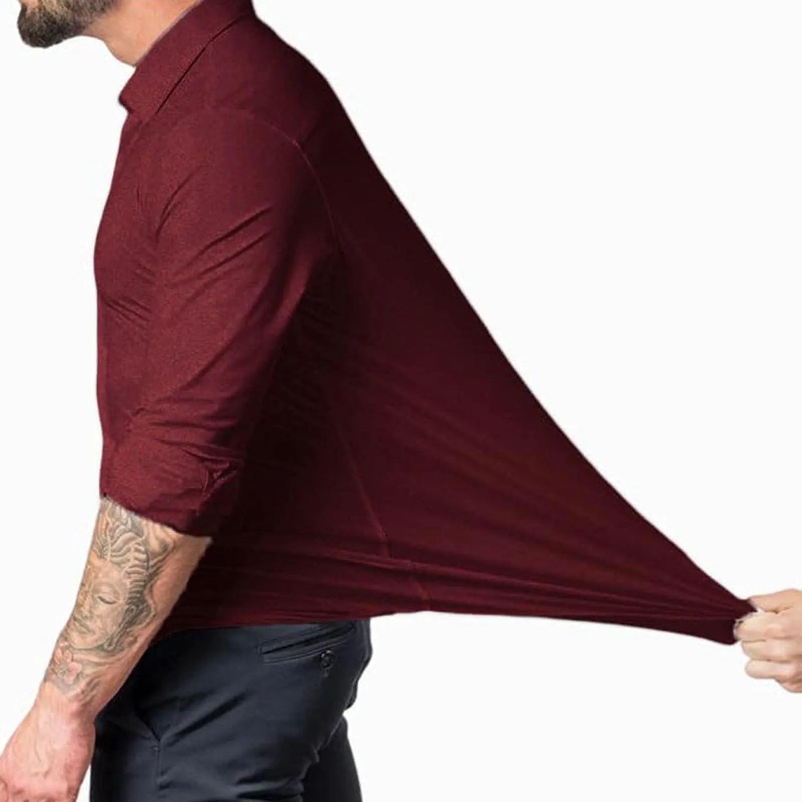 Generico Camicia da Uomo a Taglio Muscle Fit, Atletica Slim Fit, Maniche Lunghe Elasticizzate, Top Casual a Bottoni(Red, S) - immagine 2