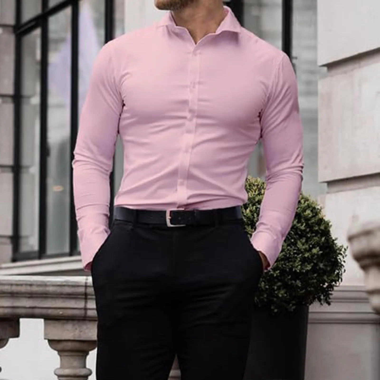 Generico Camicia da Uomo a Taglio Muscle Fit, Atletica Slim Fit, Maniche Lunghe Elasticizzate, Top Casual a Bottoni(PK1, S) - immagine 2