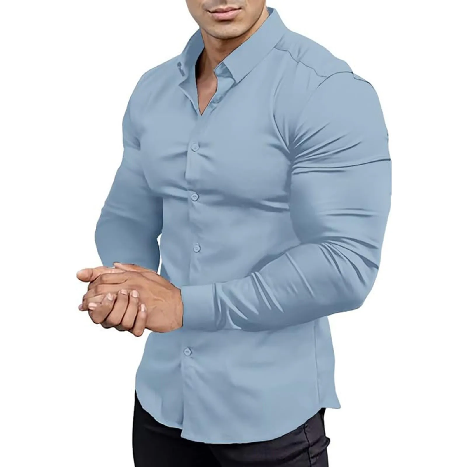 Generico Camicia da Uomo a Taglio Muscle Fit, Atletica Slim Fit, Maniche Lunghe Elasticizzate, Top Casual a Bottoni(Dark Blue, L) - immagine 1