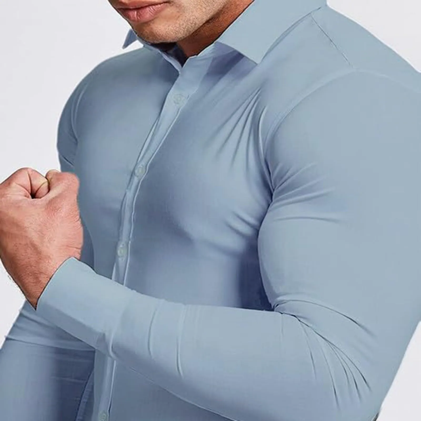 Generico Camicia da Uomo a Taglio Muscle Fit, Atletica Slim Fit, Maniche Lunghe Elasticizzate, Top Casual a Bottoni(Dark Blue, S) - immagine 5