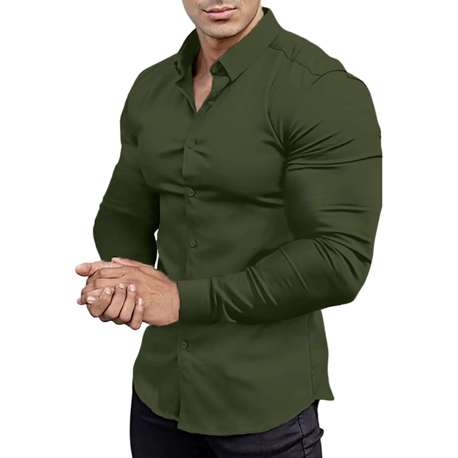 Generico Camicia da Uomo a Taglio Muscle Fit, Atletica Slim Fit, Maniche Lunghe Elasticizzate, Top Casual a Bottoni(Mint Green, XXXXL) - immagine 1