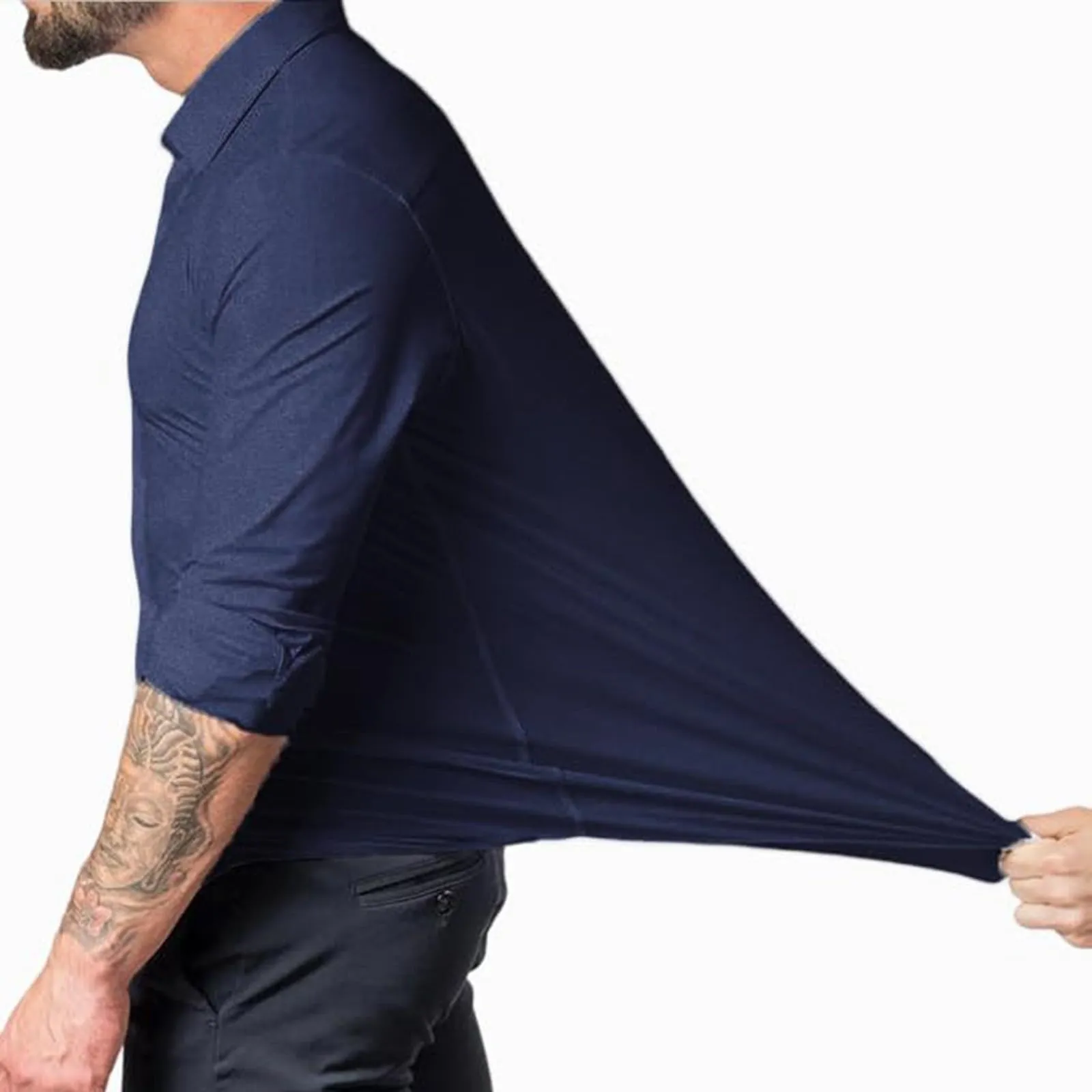 Generico Camicia da Uomo a Taglio Muscle Fit, Atletica Slim Fit, Maniche Lunghe Elasticizzate, Top Casual a Bottoni(Navy, S) - immagine 2