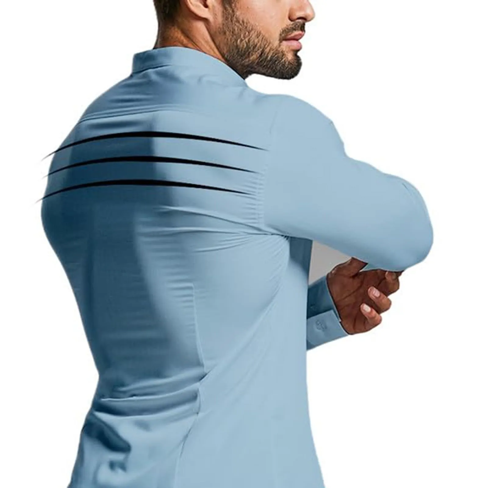 Generico Camicia da Uomo a Taglio Muscle Fit, Atletica Slim Fit, Maniche Lunghe Elasticizzate, Top Casual a Bottoni(Dark Blue, M) - immagine 4