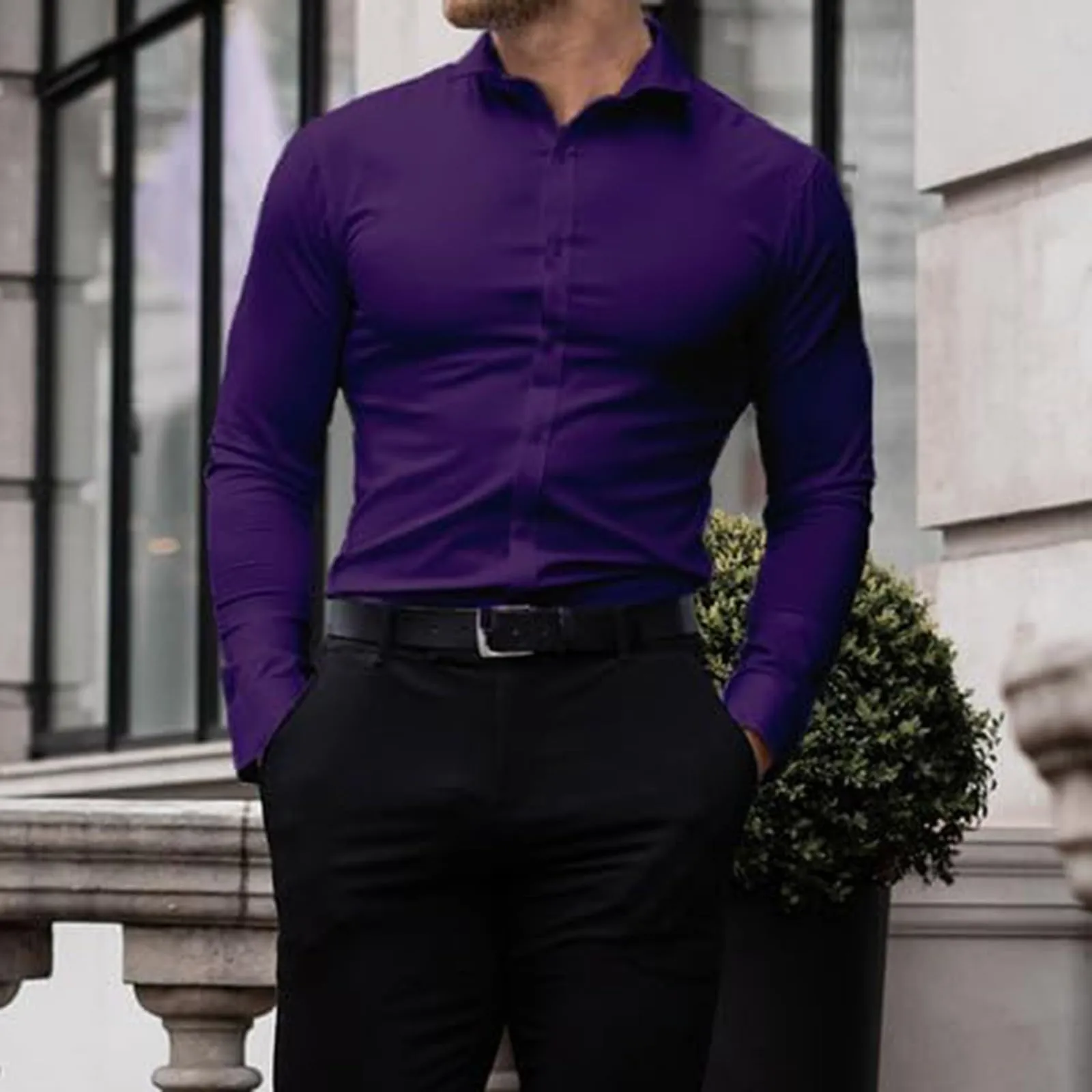 Generico Camicia da Uomo a Taglio Muscle Fit, Atletica Slim Fit, Maniche Lunghe Elasticizzate, Top Casual a Bottoni(Purple, L) - immagine 2