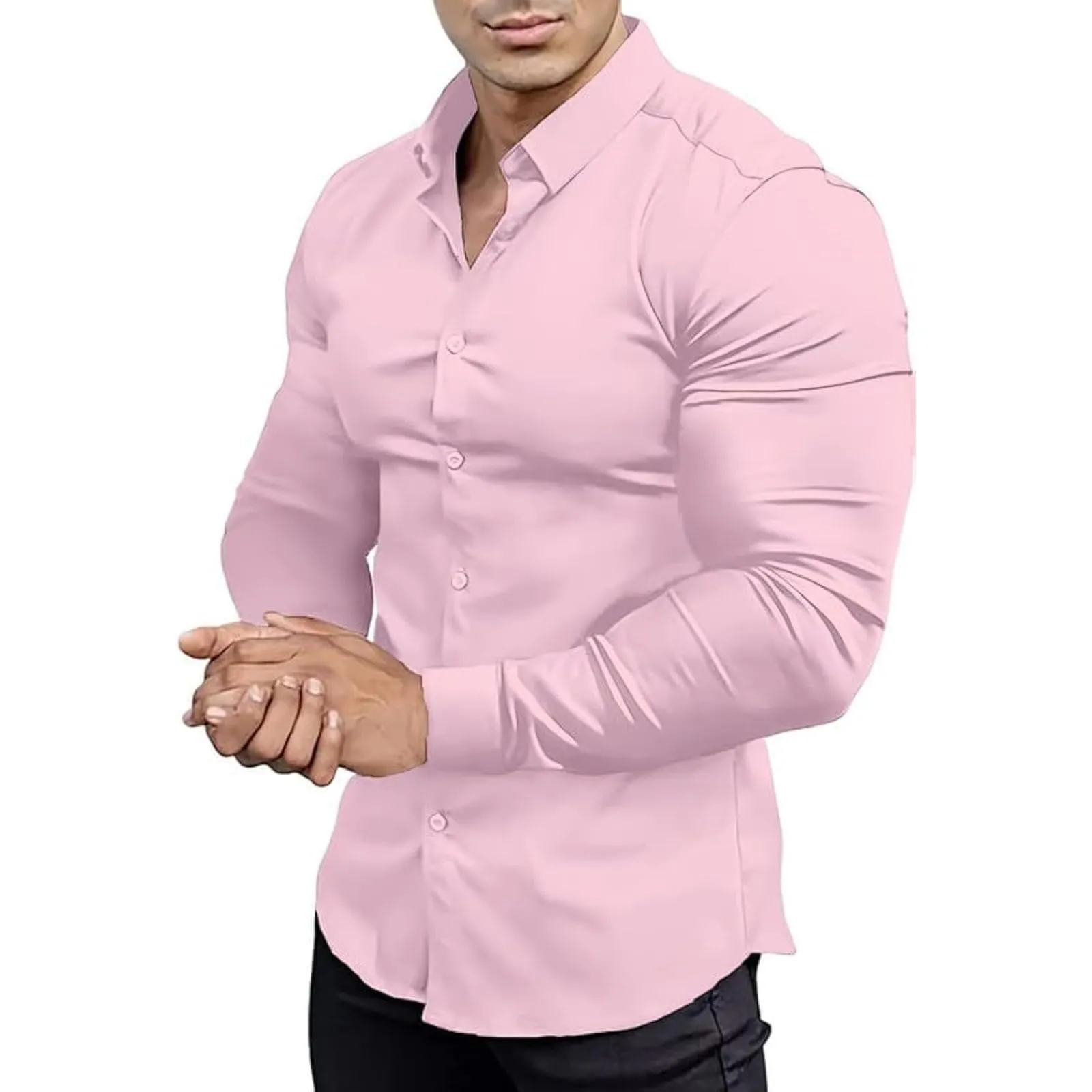 Generico Camicia da Uomo a Taglio Muscle Fit, Atletica Slim Fit, Maniche Lunghe Elasticizzate, Top Casual a Bottoni(PK1, XXL) - immagine 1