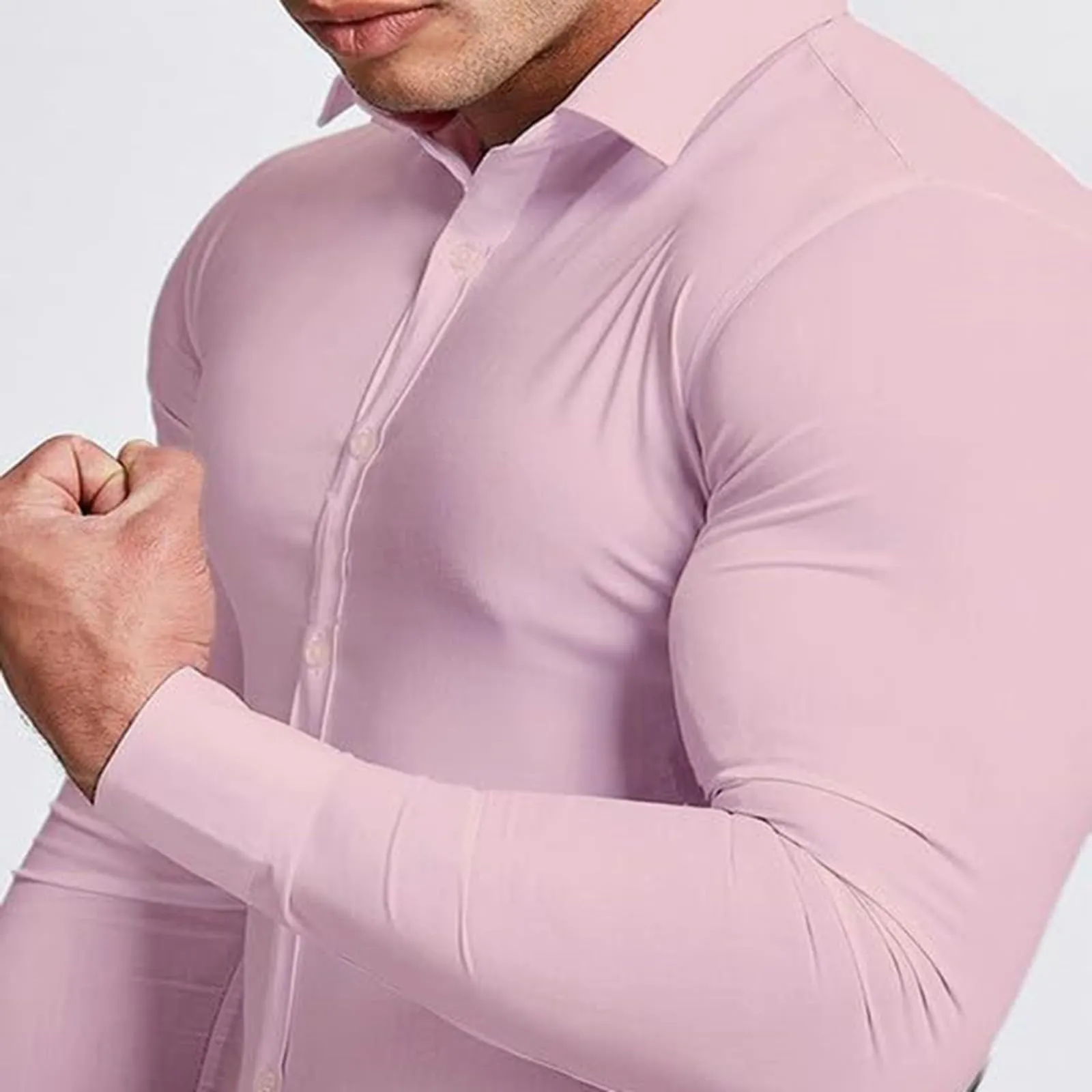 Generico Camicia da Uomo a Taglio Muscle Fit, Atletica Slim Fit, Maniche Lunghe Elasticizzate, Top Casual a Bottoni(PK1, L) - immagine 3