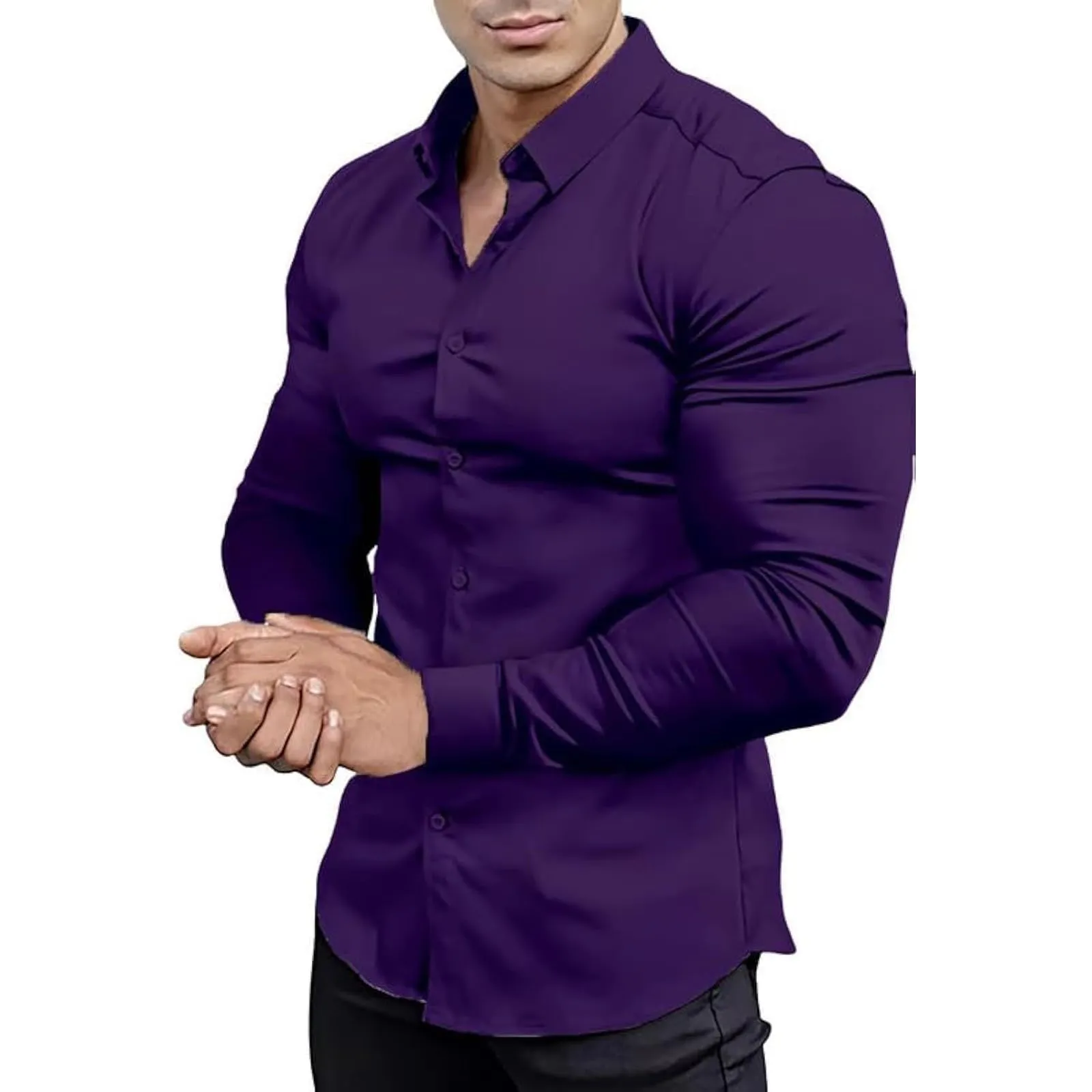 Generico Camicia da Uomo a Taglio Muscle Fit, Atletica Slim Fit, Maniche Lunghe Elasticizzate, Top Casual a Bottoni(Purple, M) - immagine 1