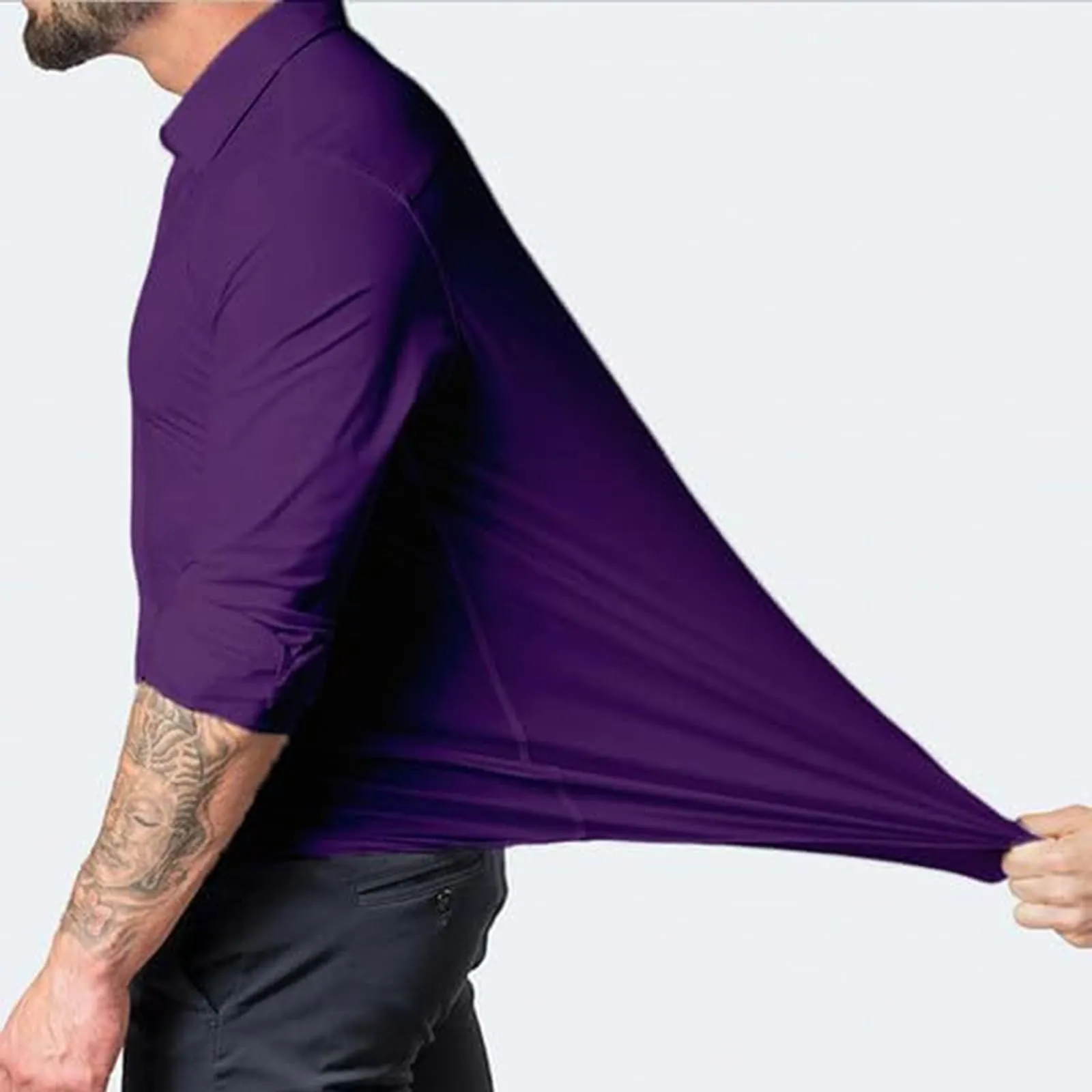 Generico Camicia da Uomo a Taglio Muscle Fit, Atletica Slim Fit, Maniche Lunghe Elasticizzate, Top Casual a Bottoni(Purple, M) - immagine 3
