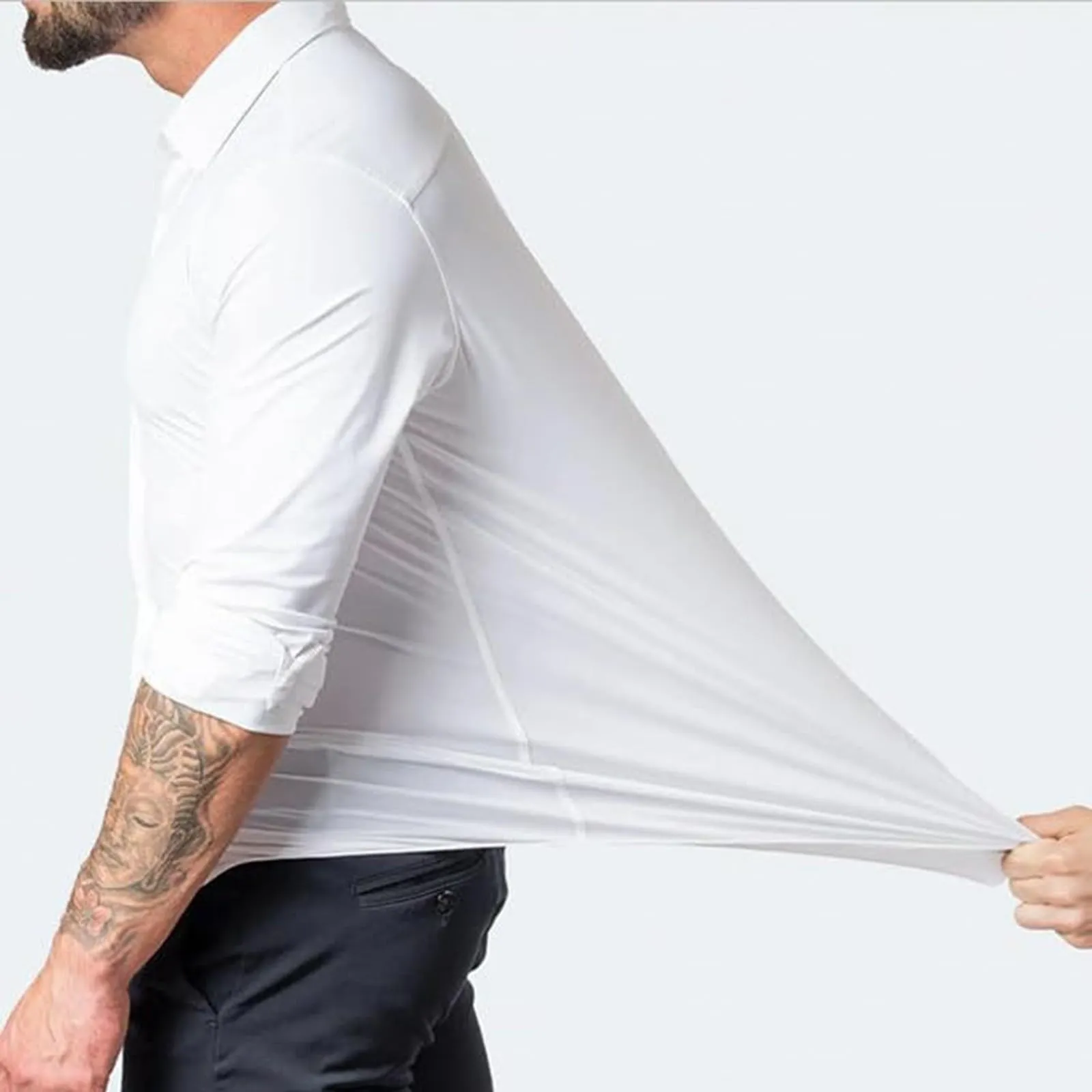 Generico Camicia da Uomo a Taglio Muscle Fit, Atletica Slim Fit, Maniche Lunghe Elasticizzate, Top Casual a Bottoni(White, L) - immagine 3