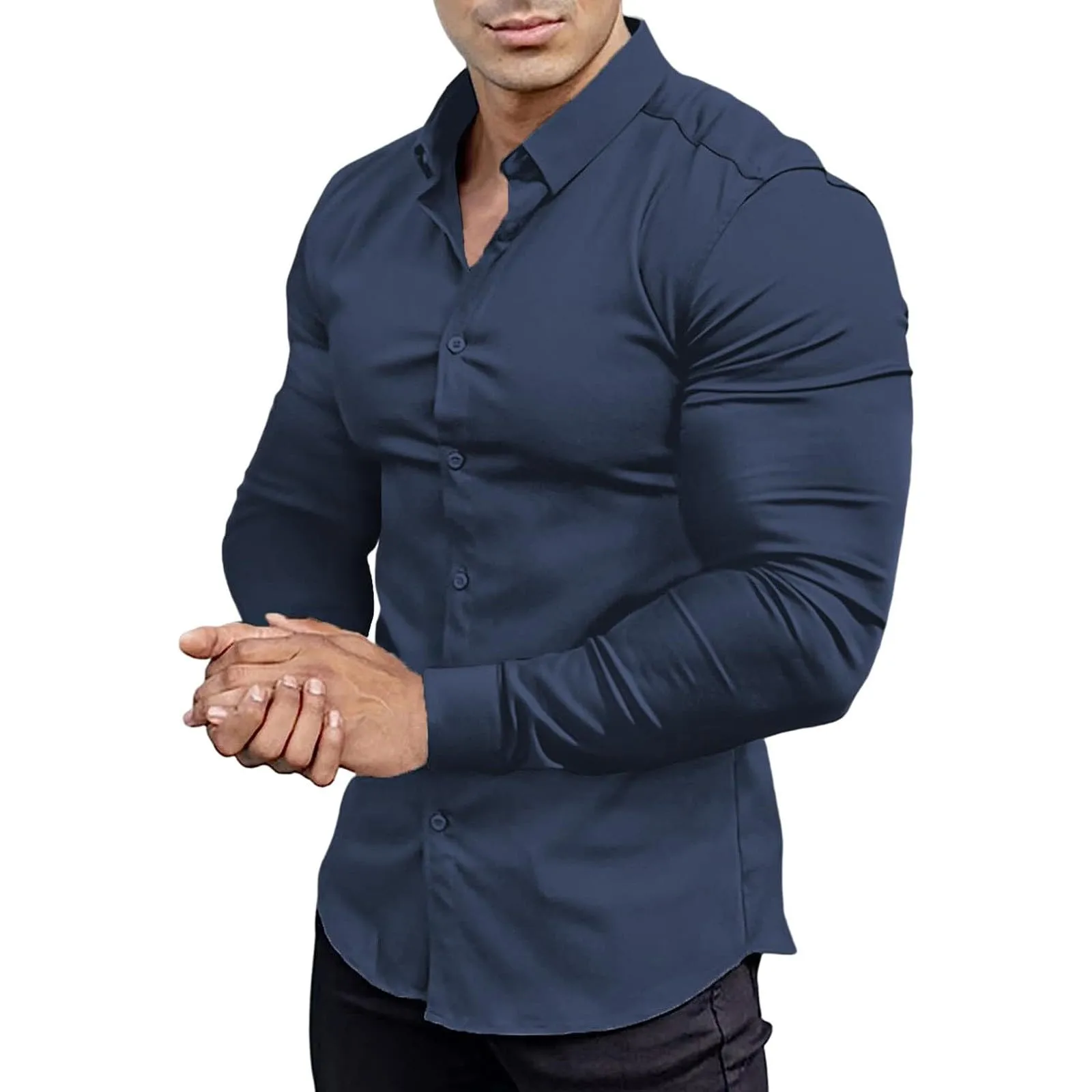 Generico Camicia da Uomo a Taglio Muscle Fit, Atletica Slim Fit, Maniche Lunghe Elasticizzate, Top Casual a Bottoni(Navy, XXXXL) - immagine 1
