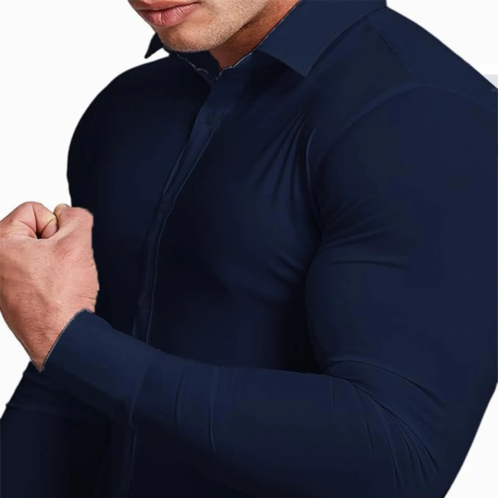 Generico Camicia da Uomo a Taglio Muscle Fit, Atletica Slim Fit, Maniche Lunghe Elasticizzate, Top Casual a Bottoni(Navy, XXXXL) - immagine 4