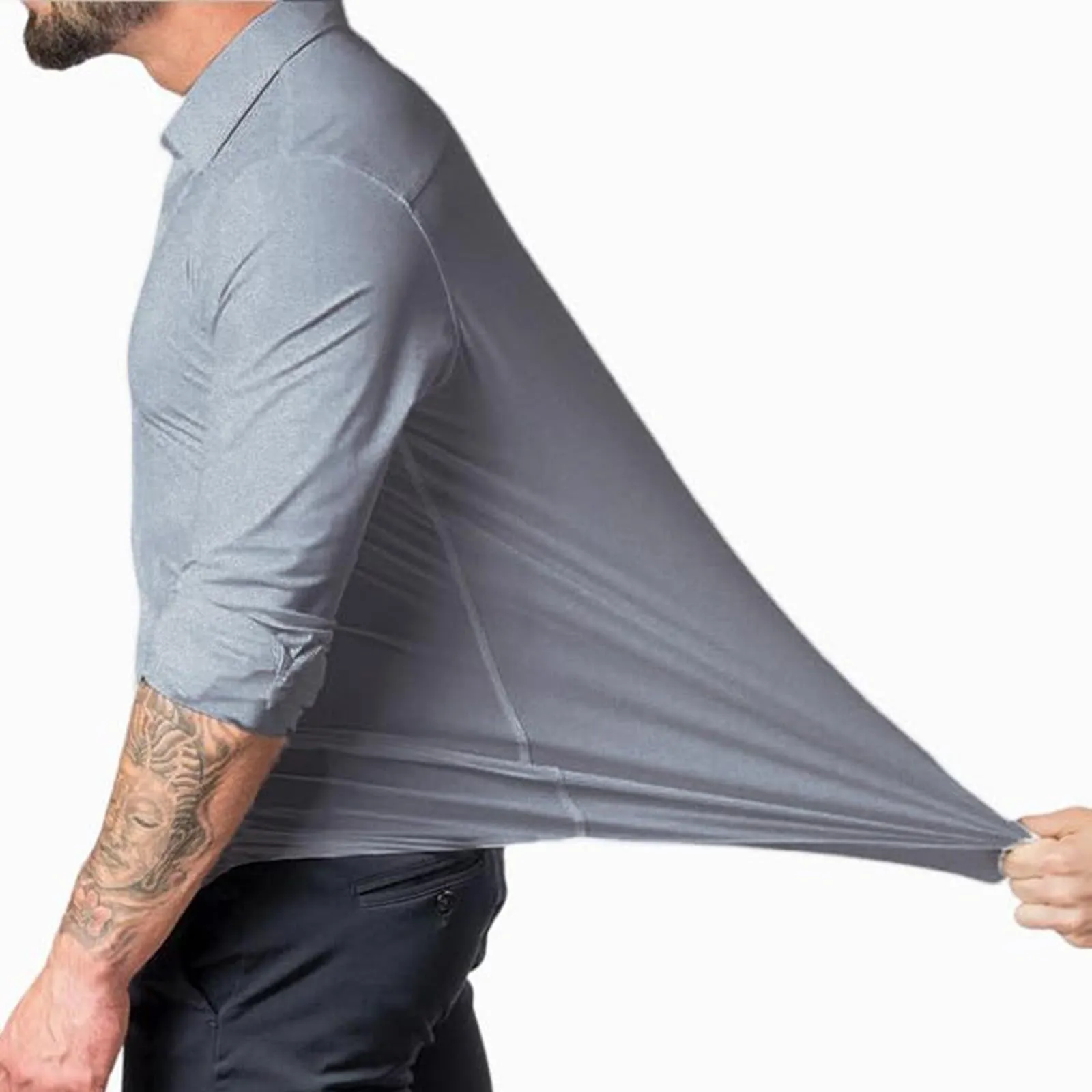 Generico Camicia da Uomo a Taglio Muscle Fit, Atletica Slim Fit, Maniche Lunghe Elasticizzate, Top Casual a Bottoni(Grey, XL) - immagine 2