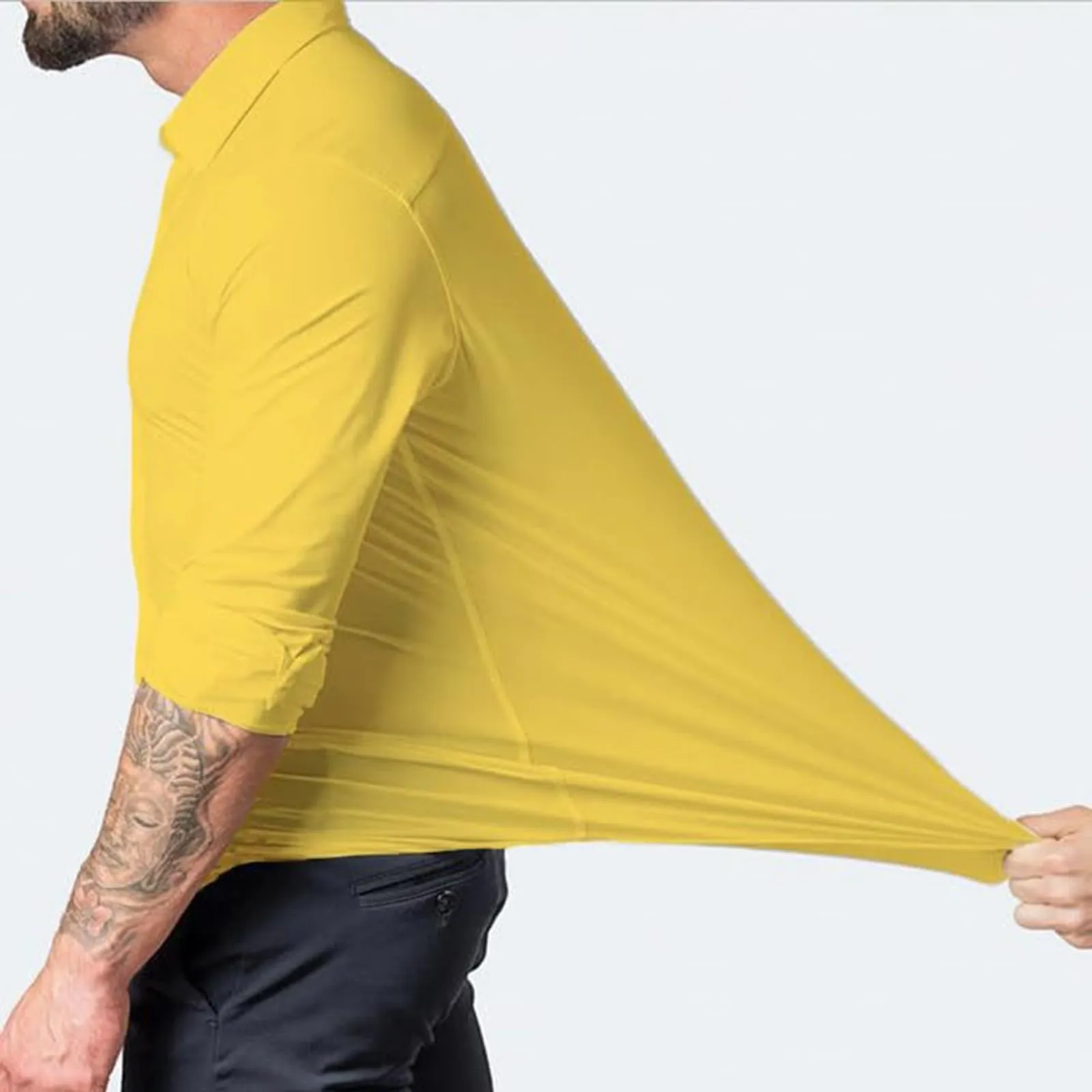 Generico Camicia da Uomo a Taglio Muscle Fit, Atletica Slim Fit, Maniche Lunghe Elasticizzate, Top Casual a Bottoni(Yellow, XXXL) - immagine 3