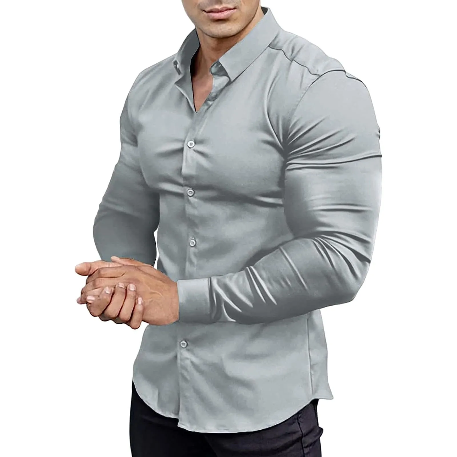 Generico Camicia da Uomo a Taglio Muscle Fit, Atletica Slim Fit, Maniche Lunghe Elasticizzate, Top Casual a Bottoni(Grey, XXXXL) - immagine 1
