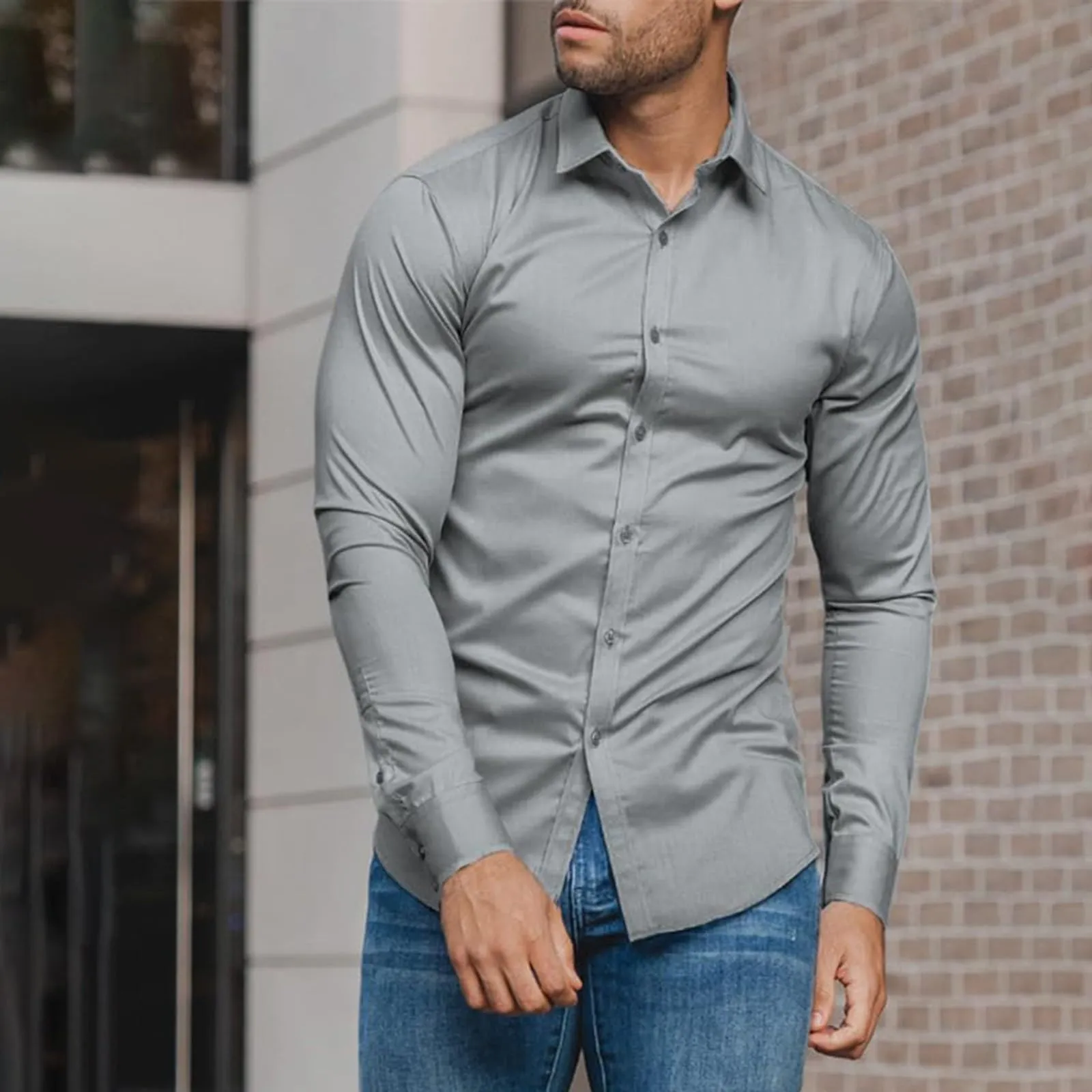 Generico Camicia da Uomo a Taglio Muscle Fit, Atletica Slim Fit, Maniche Lunghe Elasticizzate, Top Casual a Bottoni(Grey, XXXXL) - immagine 3