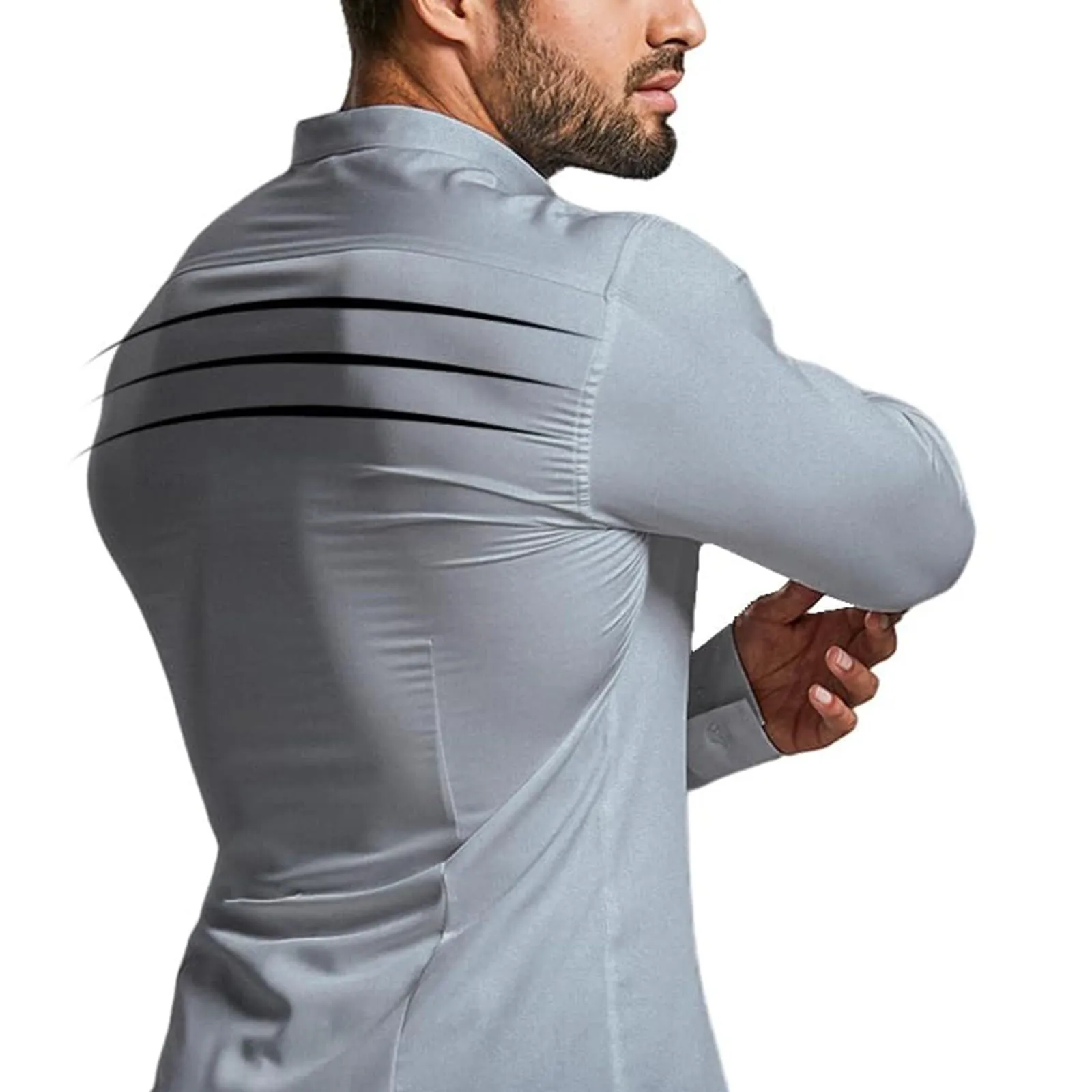 Generico Camicia da Uomo a Taglio Muscle Fit, Atletica Slim Fit, Maniche Lunghe Elasticizzate, Top Casual a Bottoni(Grey, XXXXL) - immagine 5