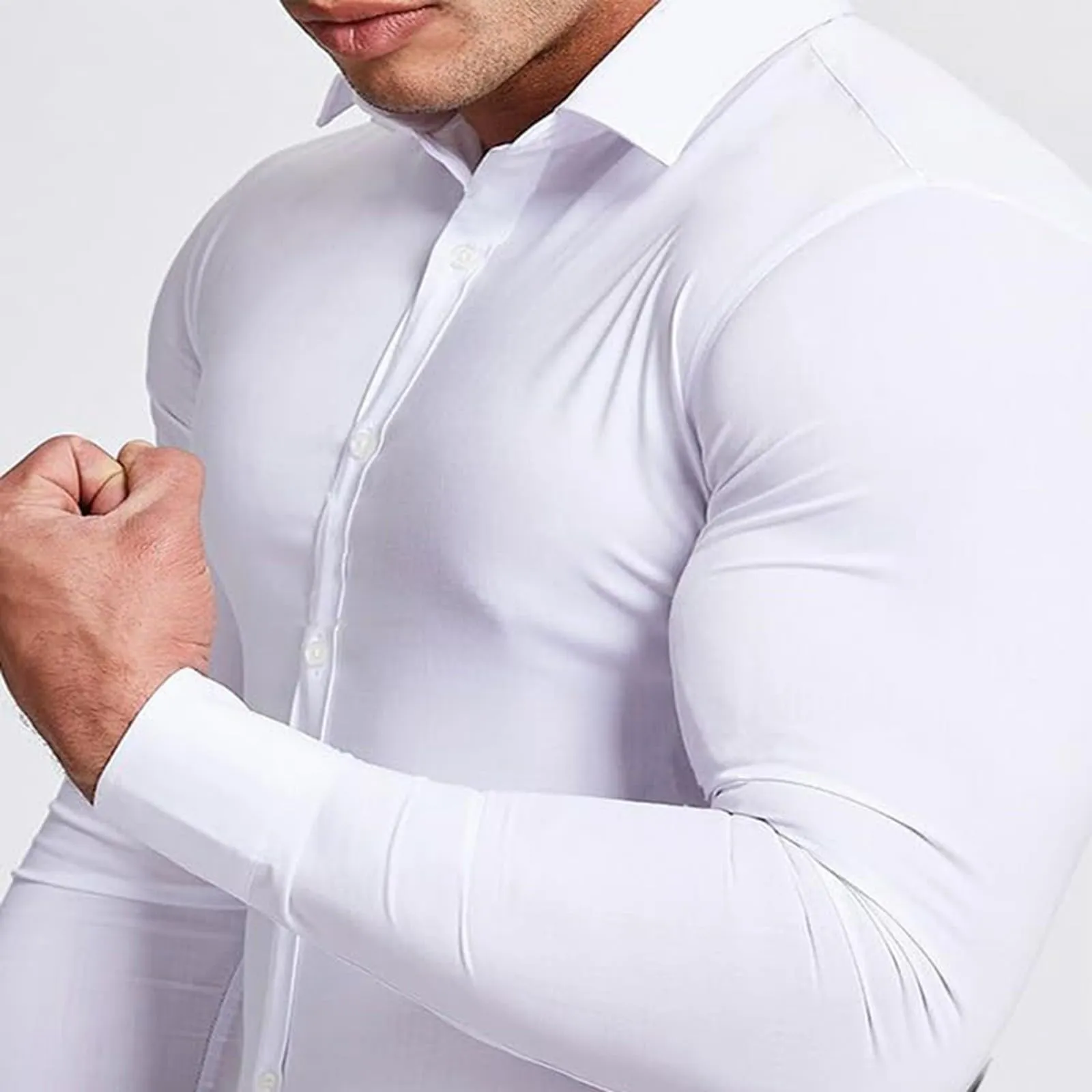 Generico Camicia da Uomo a Taglio Muscle Fit, Atletica Slim Fit, Maniche Lunghe Elasticizzate, Top Casual a Bottoni(White, XXL) - immagine 4