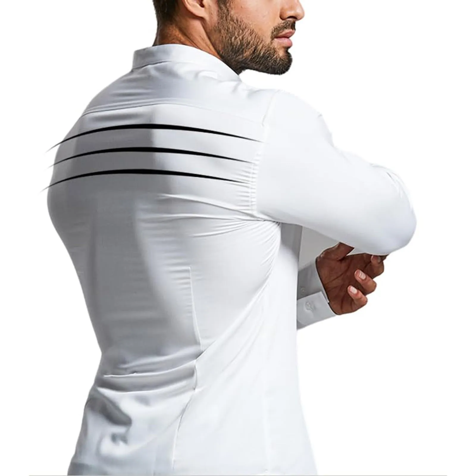 Generico Camicia da Uomo a Taglio Muscle Fit, Atletica Slim Fit, Maniche Lunghe Elasticizzate, Top Casual a Bottoni(White, XXL) - immagine 5