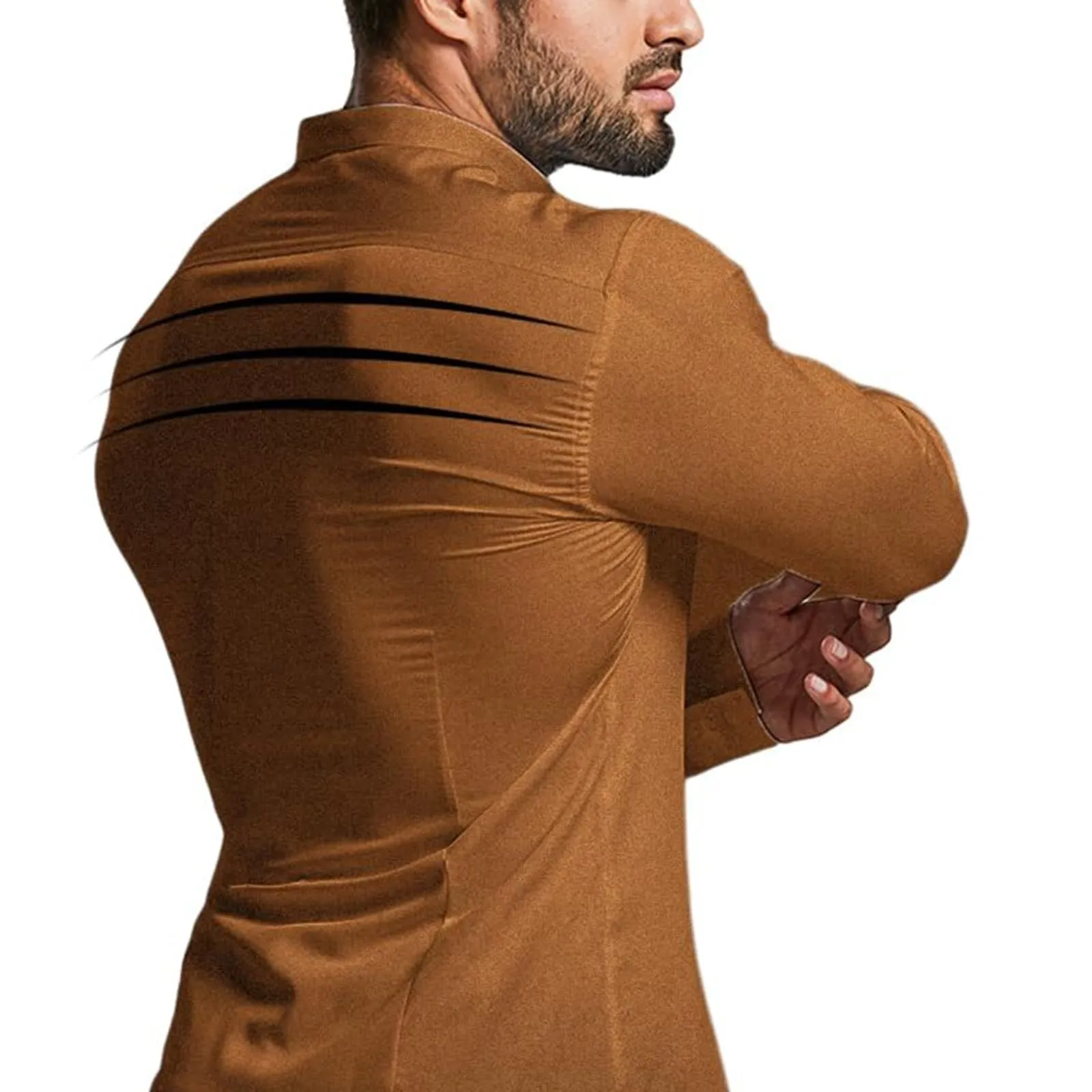 Generico Camicia da Uomo a Taglio Muscle Fit, Atletica Slim Fit, Maniche Lunghe Elasticizzate, Top Casual a Bottoni(Brown, XL) - immagine 5