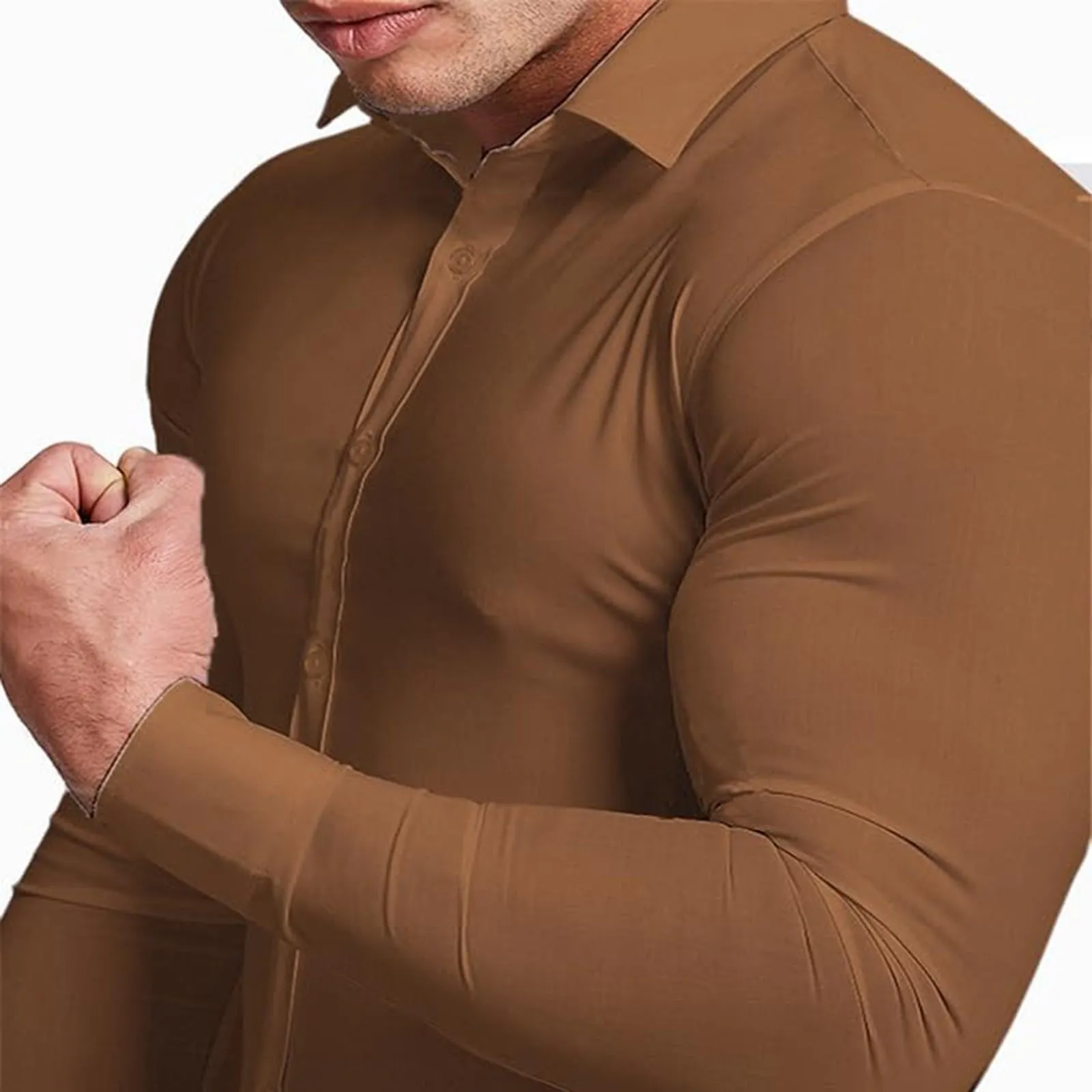 Generico Camicia da Uomo a Taglio Muscle Fit, Atletica Slim Fit, Maniche Lunghe Elasticizzate, Top Casual a Bottoni(Brown, S) - immagine 4