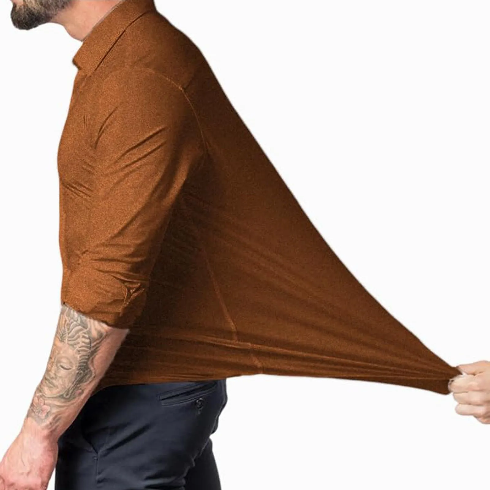 Generico Camicia da Uomo a Taglio Muscle Fit, Atletica Slim Fit, Maniche Lunghe Elasticizzate, Top Casual a Bottoni(Brown, XXL) - immagine 2