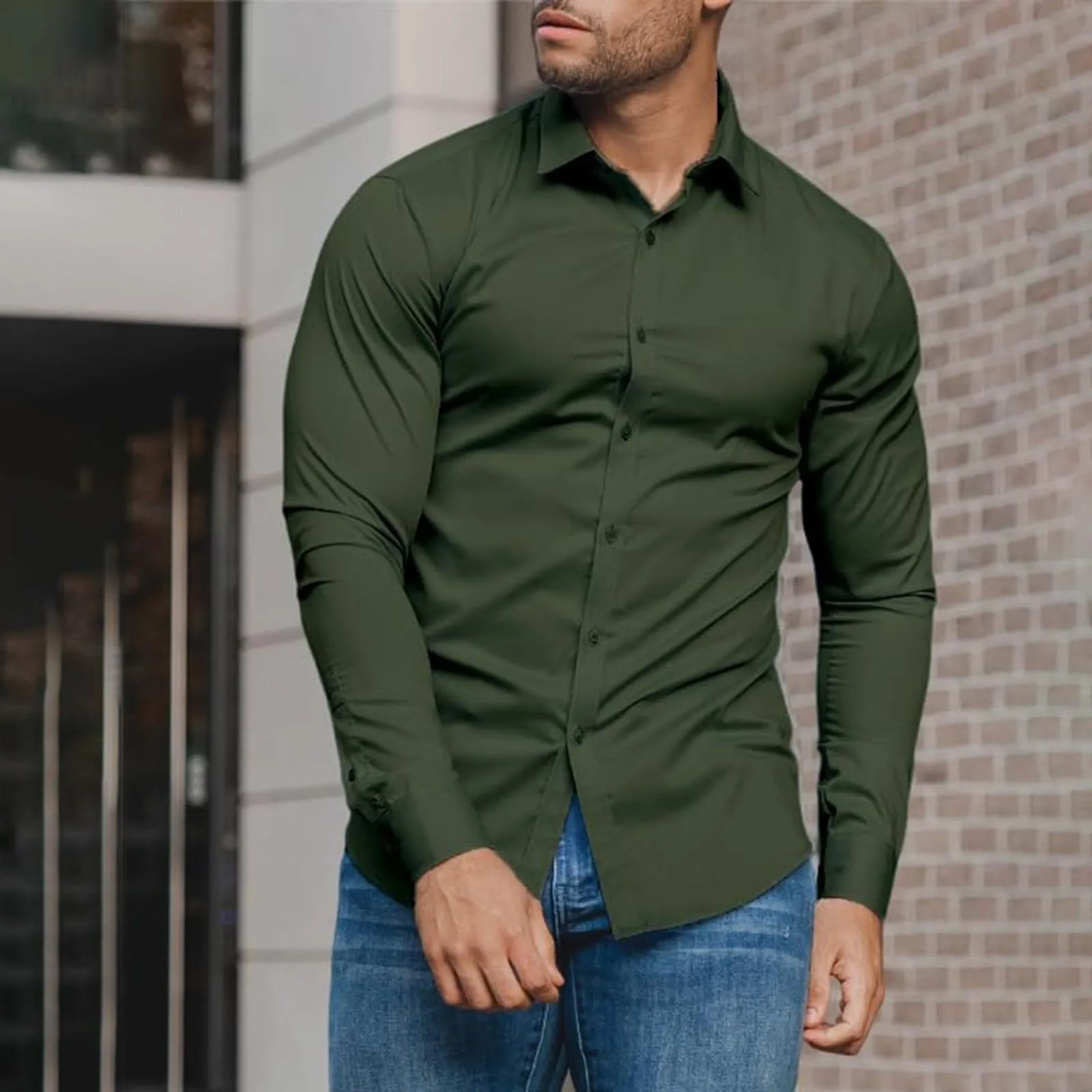 Generico Camicia da Uomo a Taglio Muscle Fit, Atletica Slim Fit, Maniche Lunghe Elasticizzate, Top Casual a Bottoni(Mint Green, S) - immagine 3