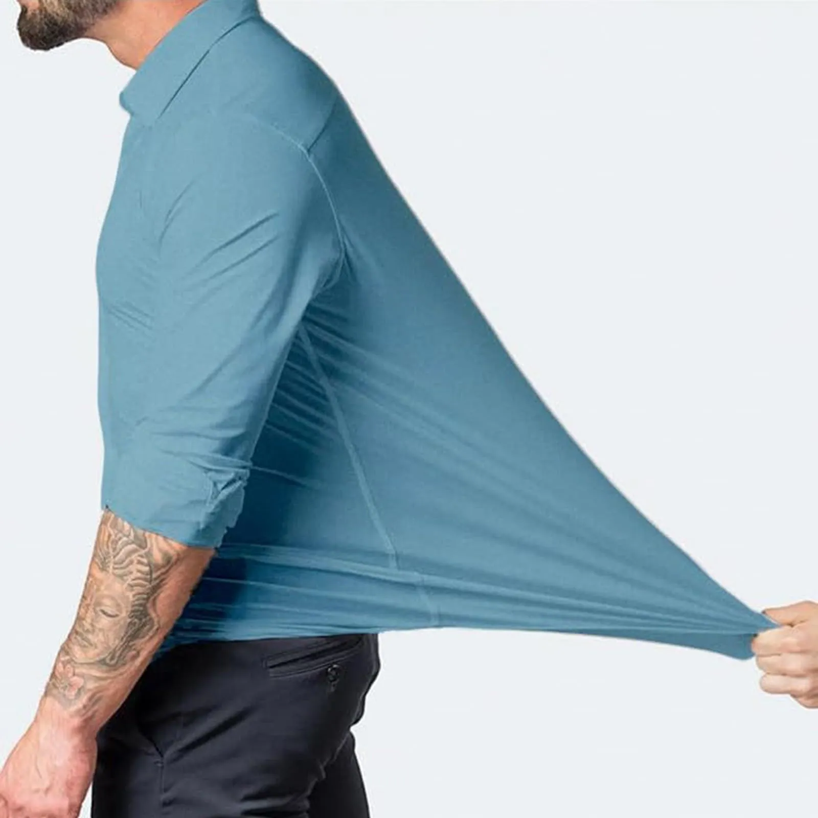 Generico Camicia da Uomo a Taglio Muscle Fit, Atletica Slim Fit, Maniche Lunghe Elasticizzate, Top Casual a Bottoni(Sky Blue, XXXXL) - immagine 3
