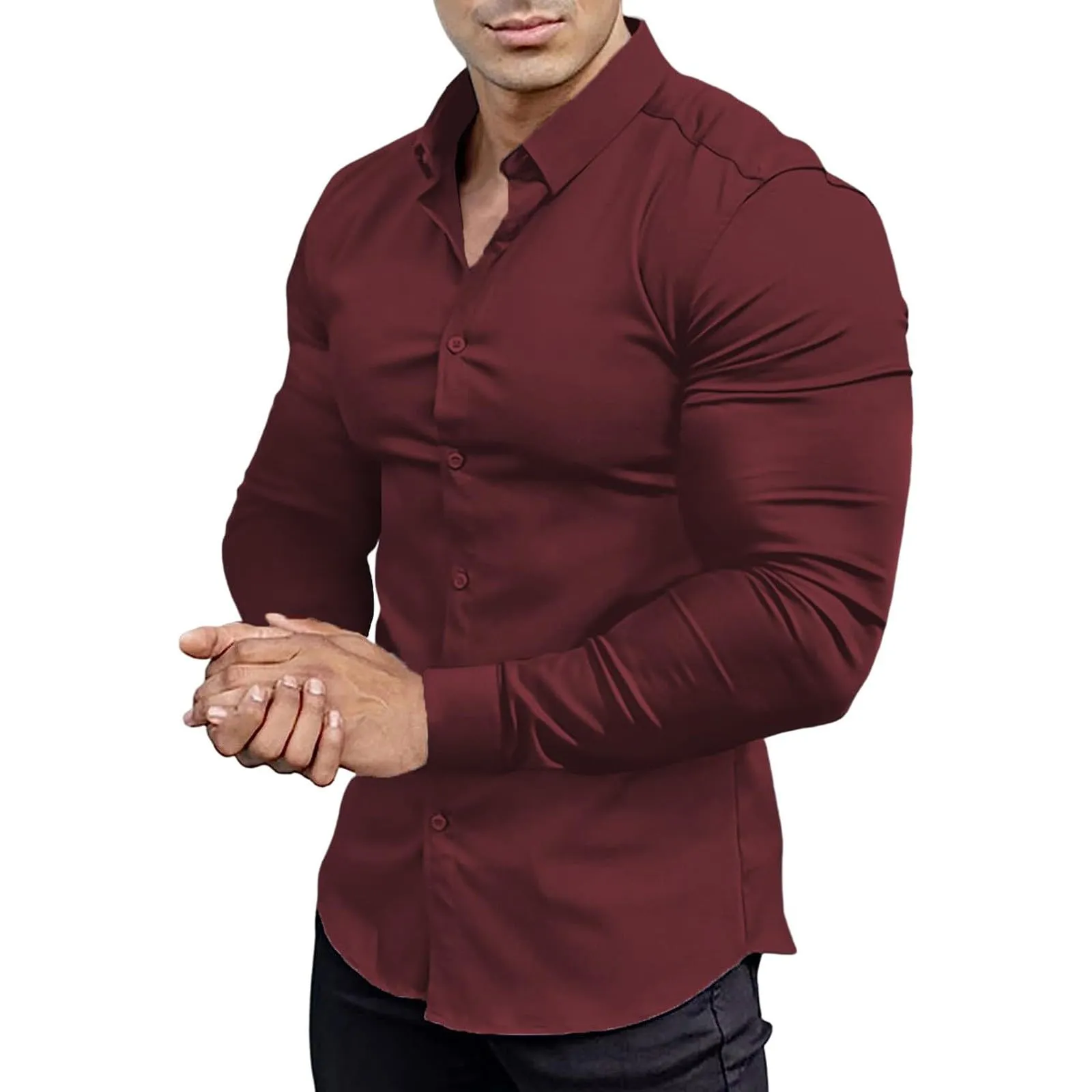 Generico Camicia da Uomo a Taglio Muscle Fit, Atletica Slim Fit, Maniche Lunghe Elasticizzate, Top Casual a Bottoni(Red, XXXL) - immagine 1