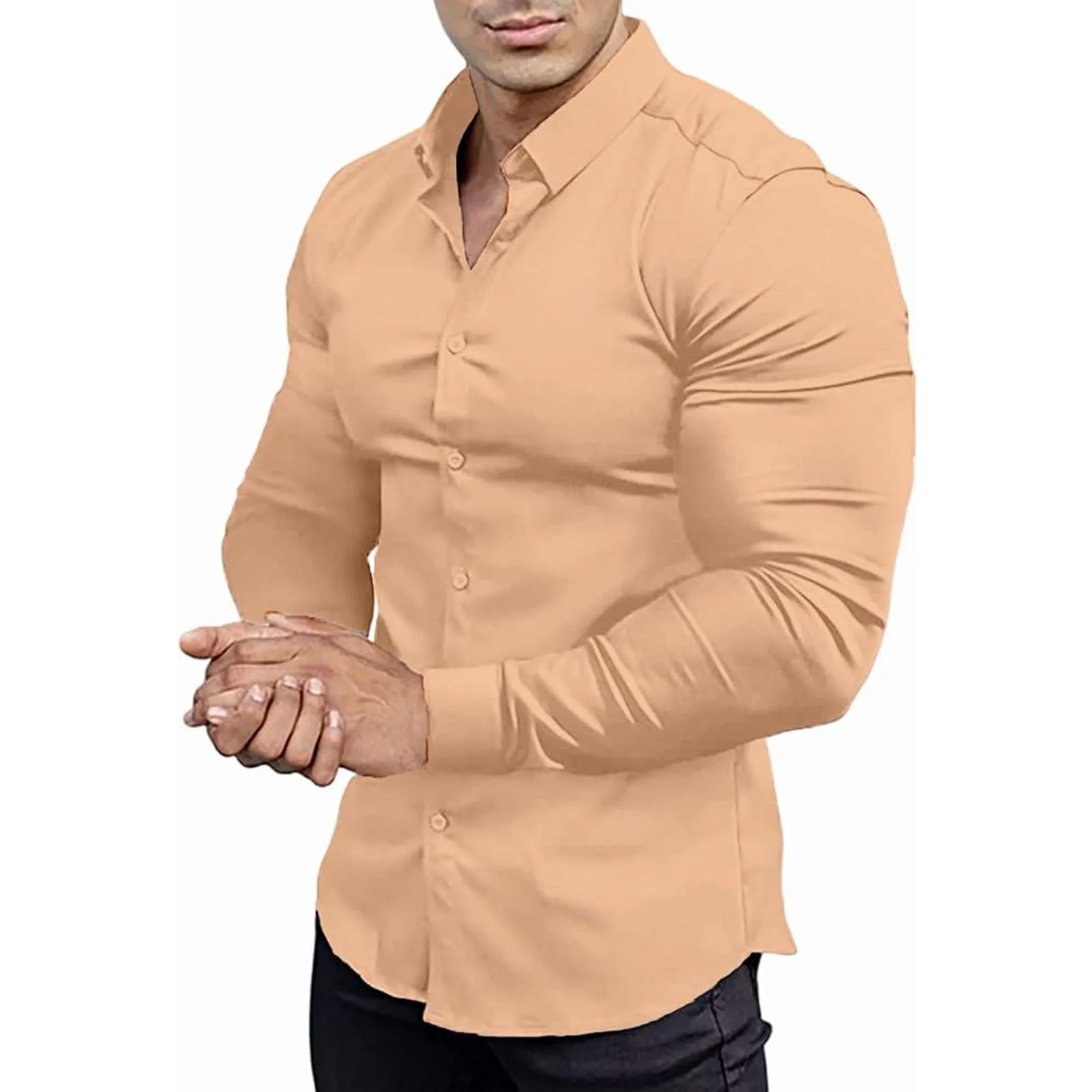 Generico Camicia da Uomo a Taglio Muscle Fit, Atletica Slim Fit, Maniche Lunghe Elasticizzate, Top Casual a Bottoni(Khaki, S) - immagine 1