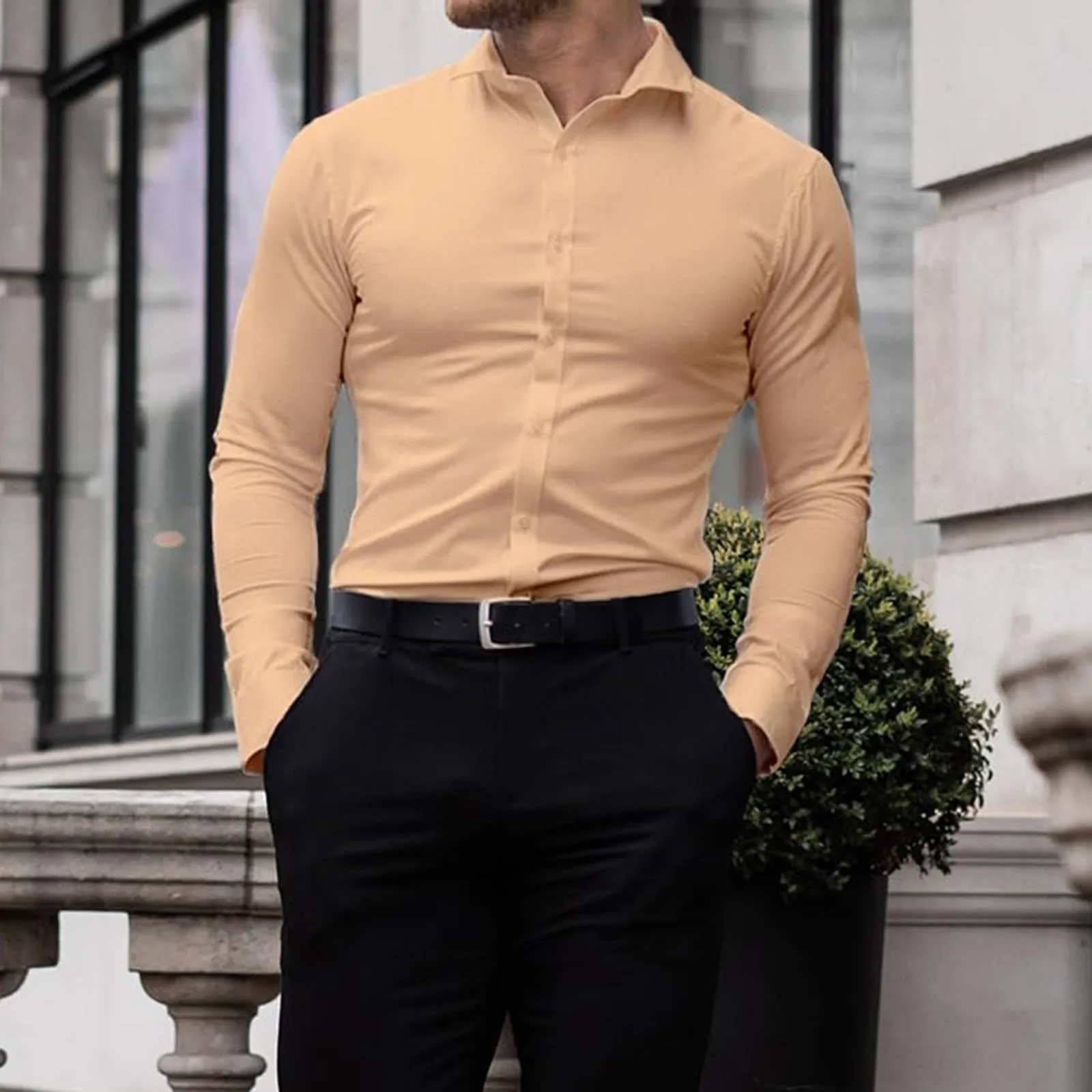 Generico Camicia da Uomo a Taglio Muscle Fit, Atletica Slim Fit, Maniche Lunghe Elasticizzate, Top Casual a Bottoni(Khaki, S) - immagine 2