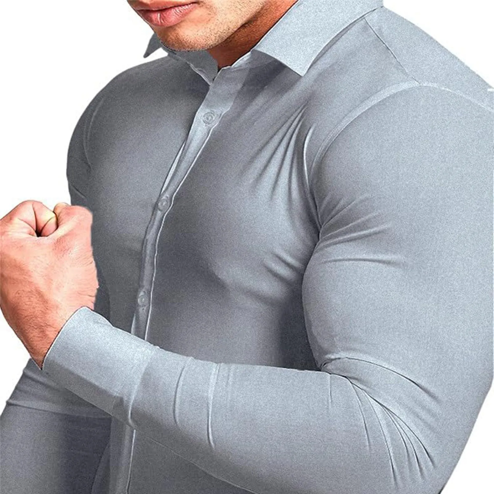 Generico Camicia da Uomo a Taglio Muscle Fit, Atletica Slim Fit, Maniche Lunghe Elasticizzate, Top Casual a Bottoni(Grey, M) - immagine 4
