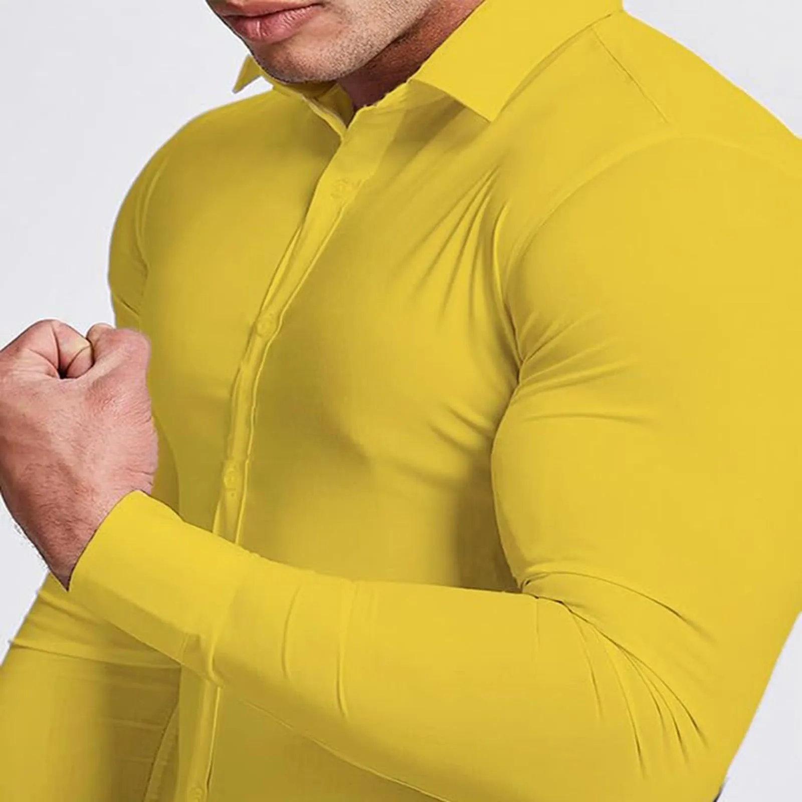 Generico Camicia da Uomo a Taglio Muscle Fit, Atletica Slim Fit, Maniche Lunghe Elasticizzate, Top Casual a Bottoni(Yellow, S) - immagine 4