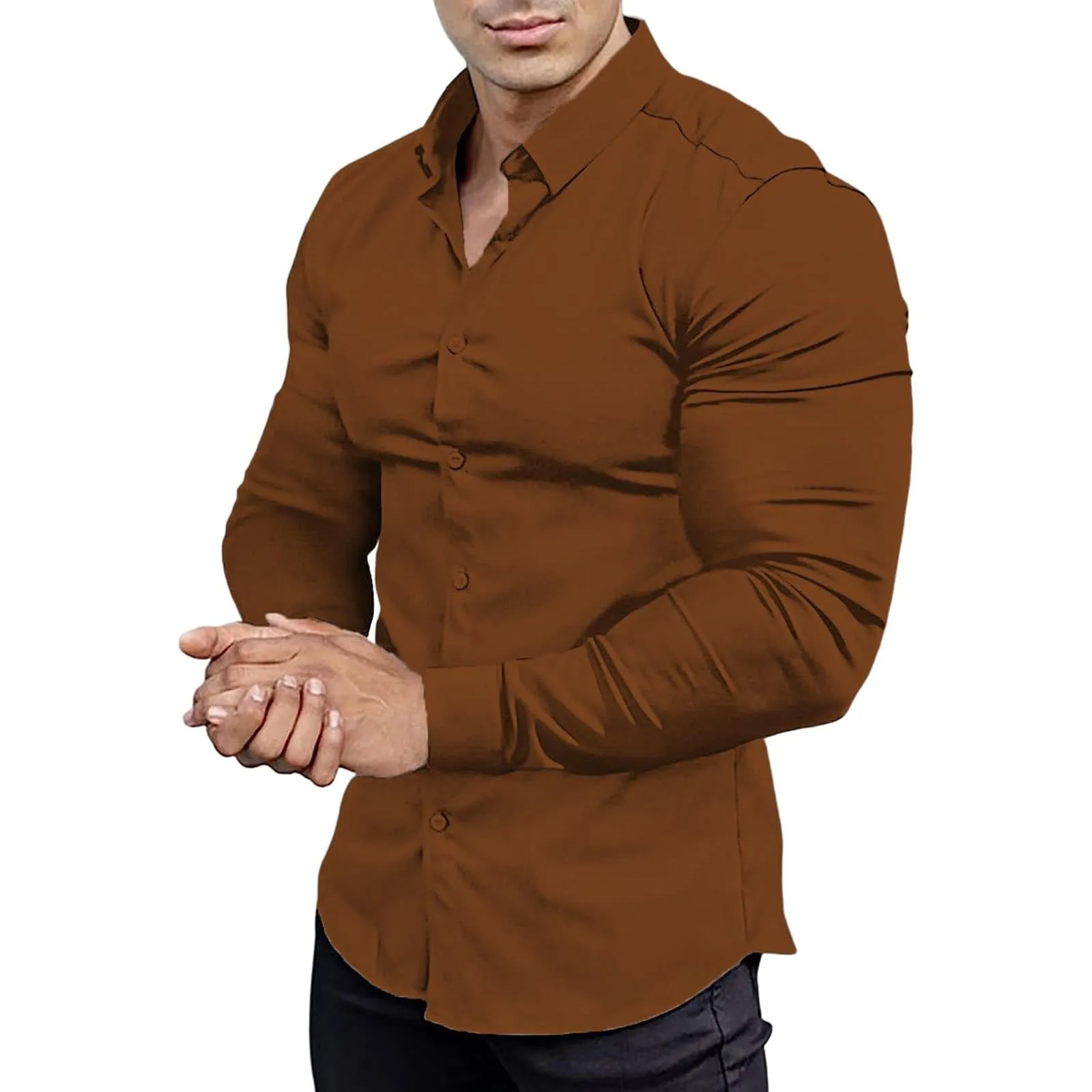 Generico Camicia da Uomo a Taglio Muscle Fit, Atletica Slim Fit, Maniche Lunghe Elasticizzate, Top Casual a Bottoni(Brown, XXXL) - immagine 1