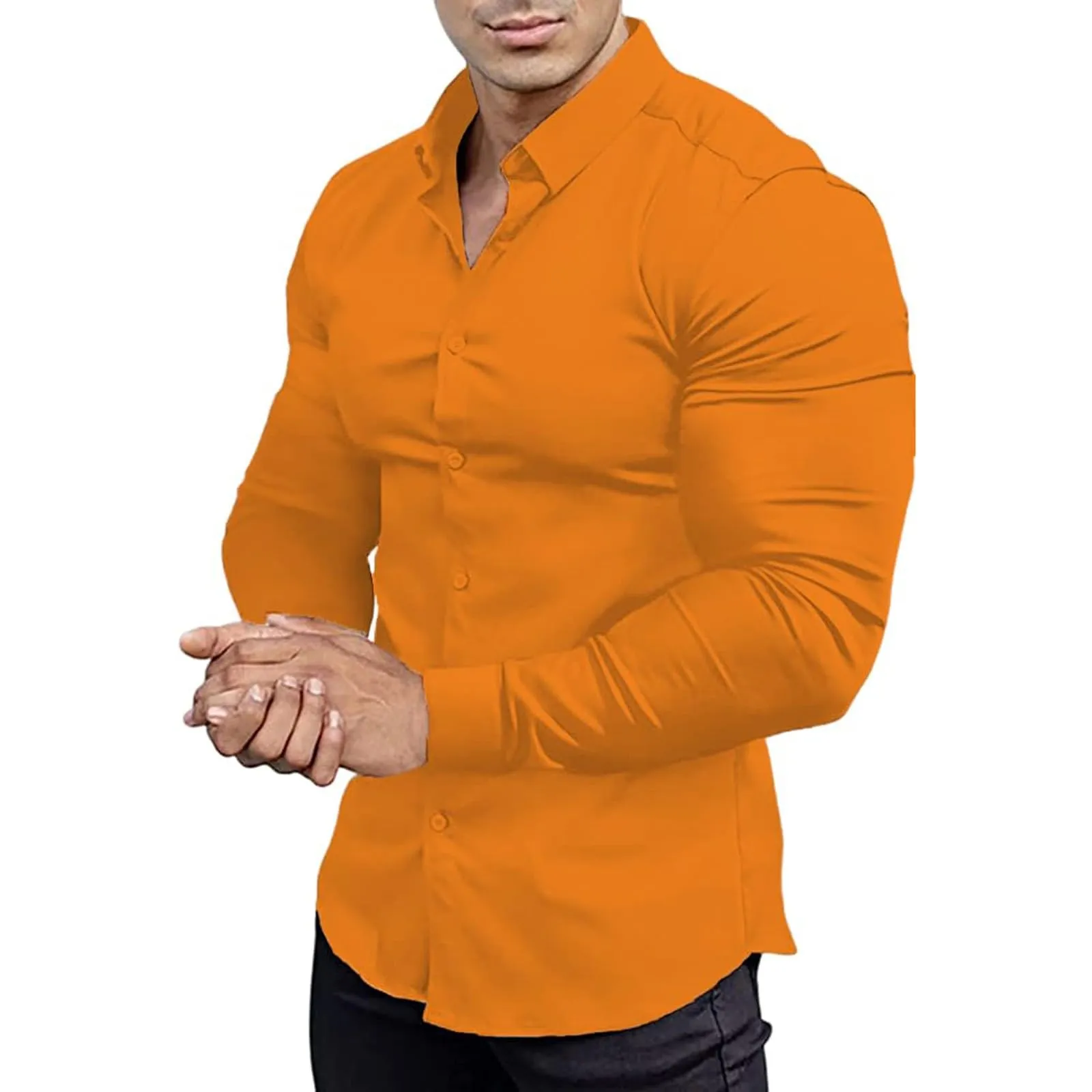 Generico Camicia da Uomo a Taglio Muscle Fit, Atletica Slim Fit, Maniche Lunghe Elasticizzate, Top Casual a Bottoni(Orange, S) - immagine 1