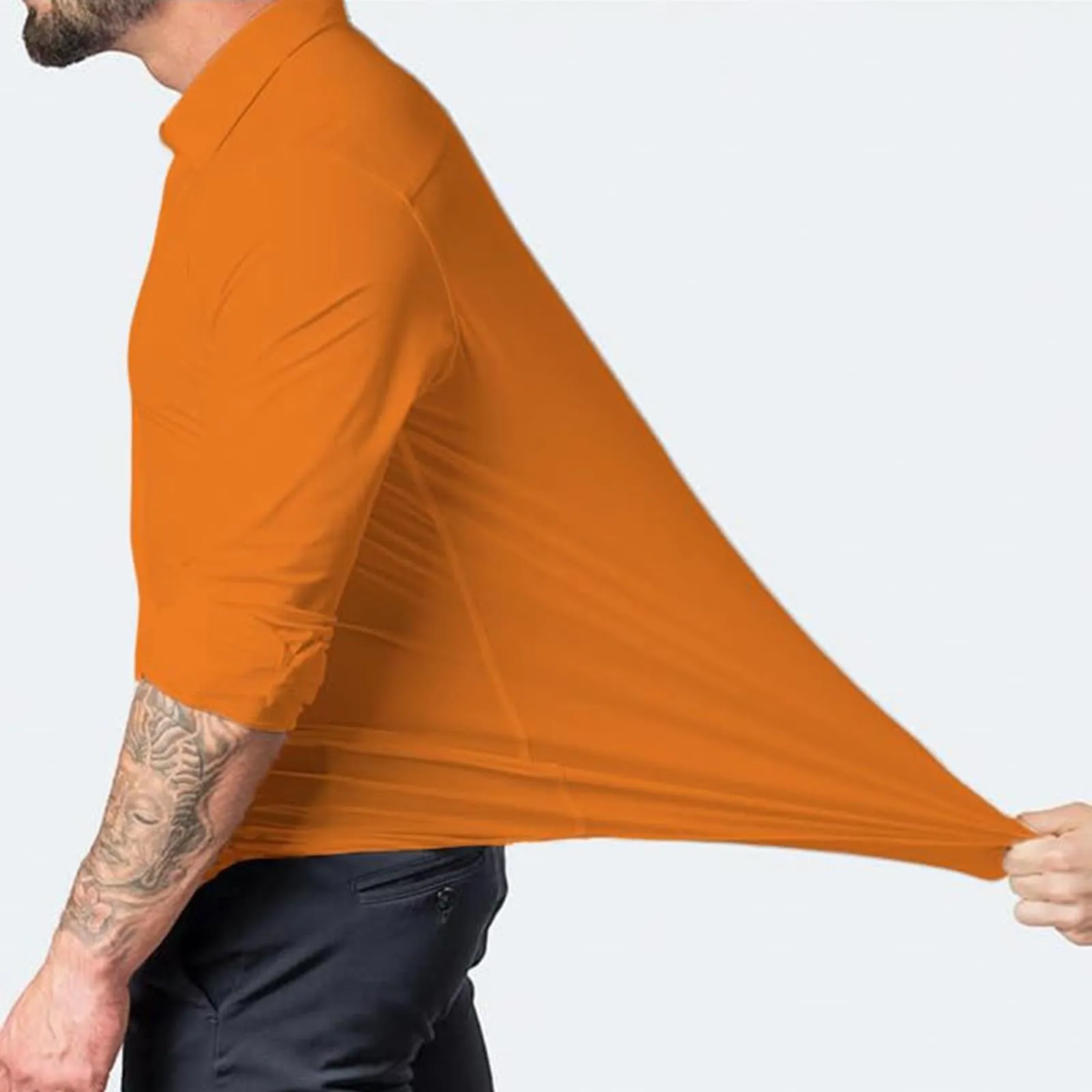 Generico Camicia da Uomo a Taglio Muscle Fit, Atletica Slim Fit, Maniche Lunghe Elasticizzate, Top Casual a Bottoni(Orange, S) - immagine 3