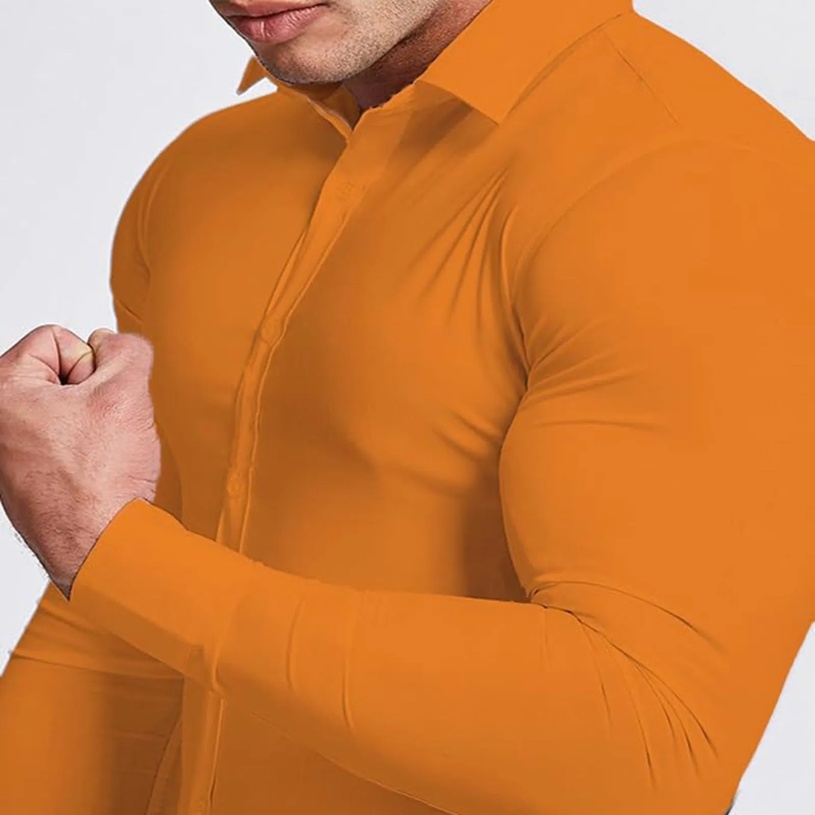 Generico Camicia da Uomo a Taglio Muscle Fit, Atletica Slim Fit, Maniche Lunghe Elasticizzate, Top Casual a Bottoni(Orange, S) - immagine 4