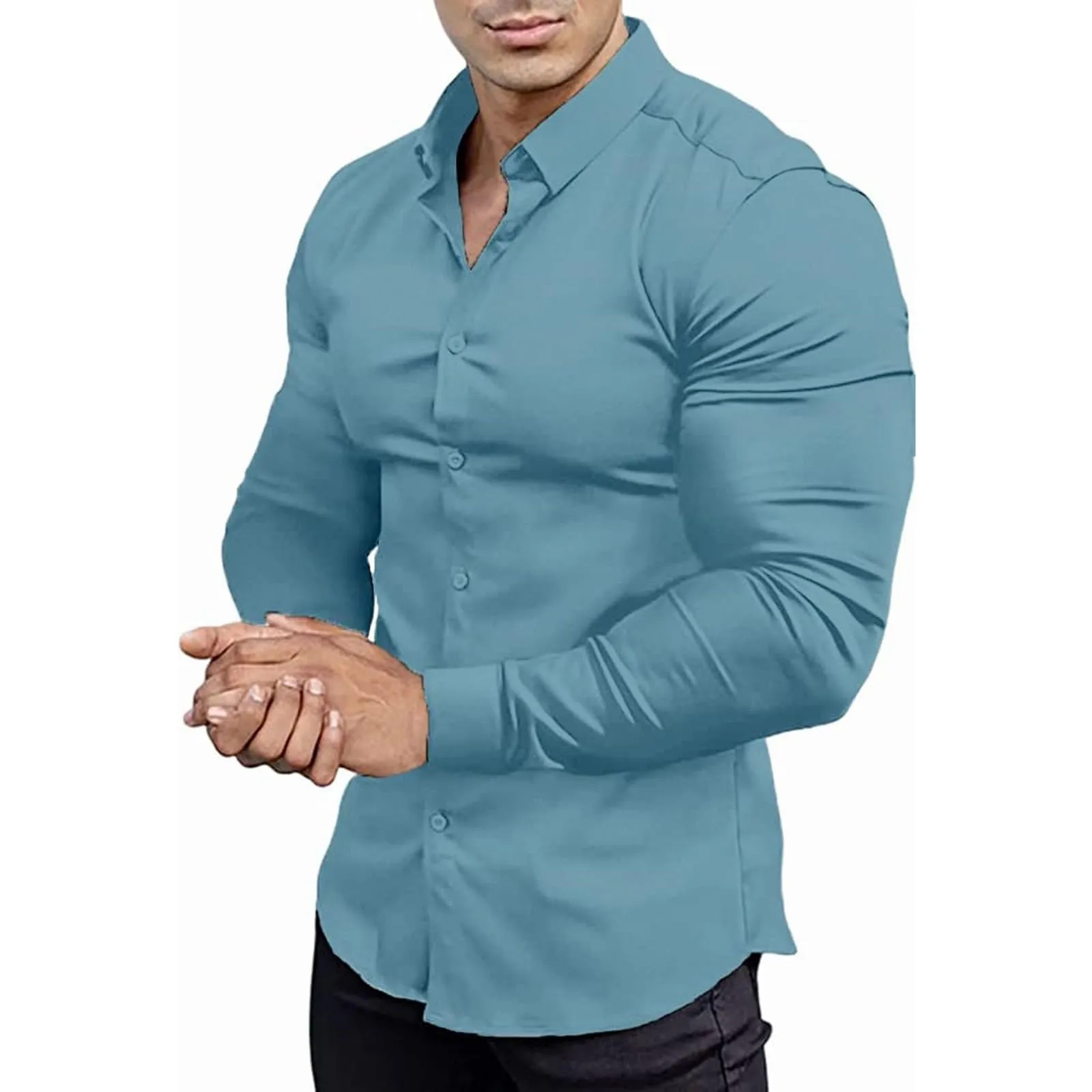 Generico Camicia da Uomo a Taglio Muscle Fit, Atletica Slim Fit, Maniche Lunghe Elasticizzate, Top Casual a Bottoni(Sky Blue, M) - immagine 1