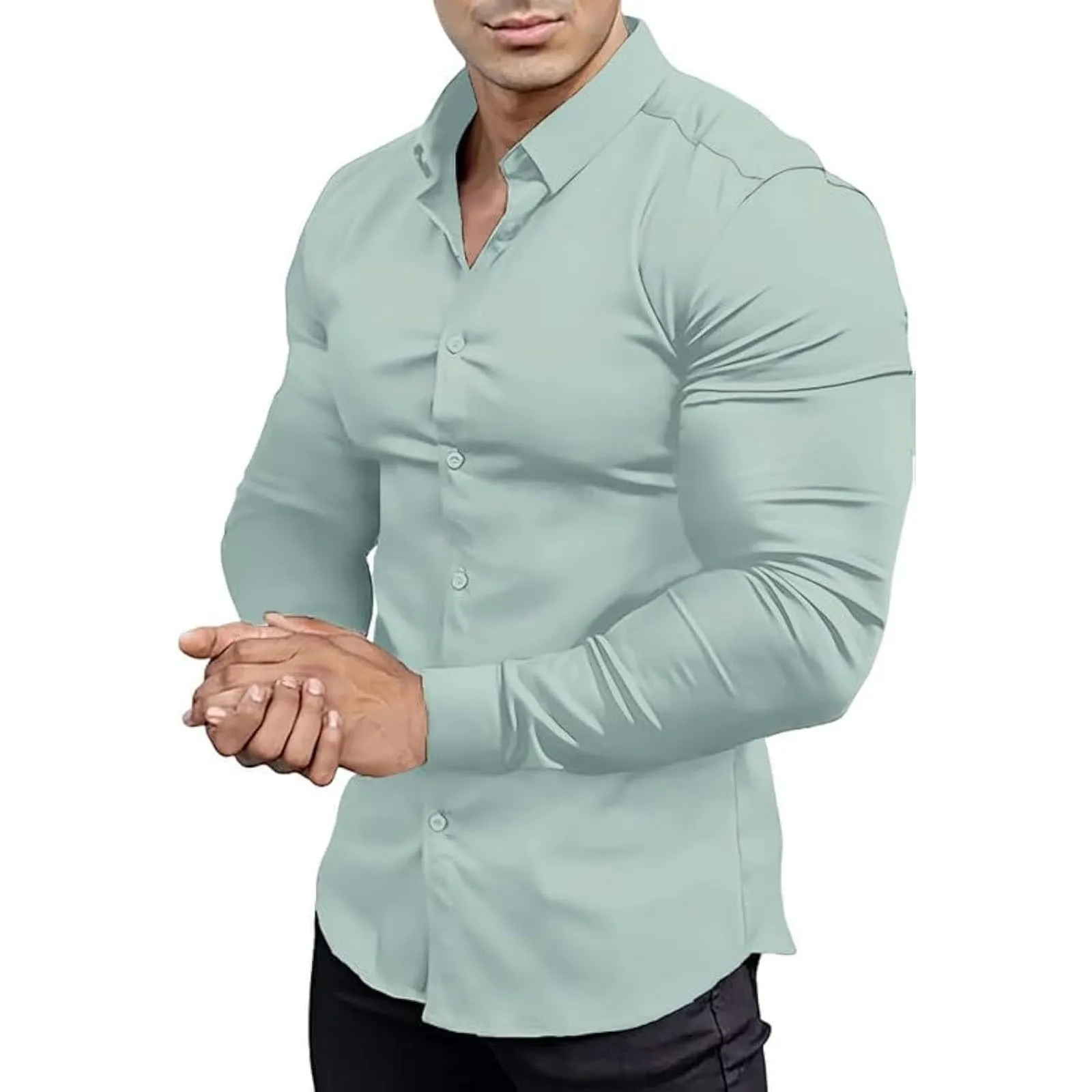 Generico Camicia da Uomo a Taglio Muscle Fit, Atletica Slim Fit, Maniche Lunghe Elasticizzate, Top Casual a Bottoni(Light Blue, XXXL) - immagine 1