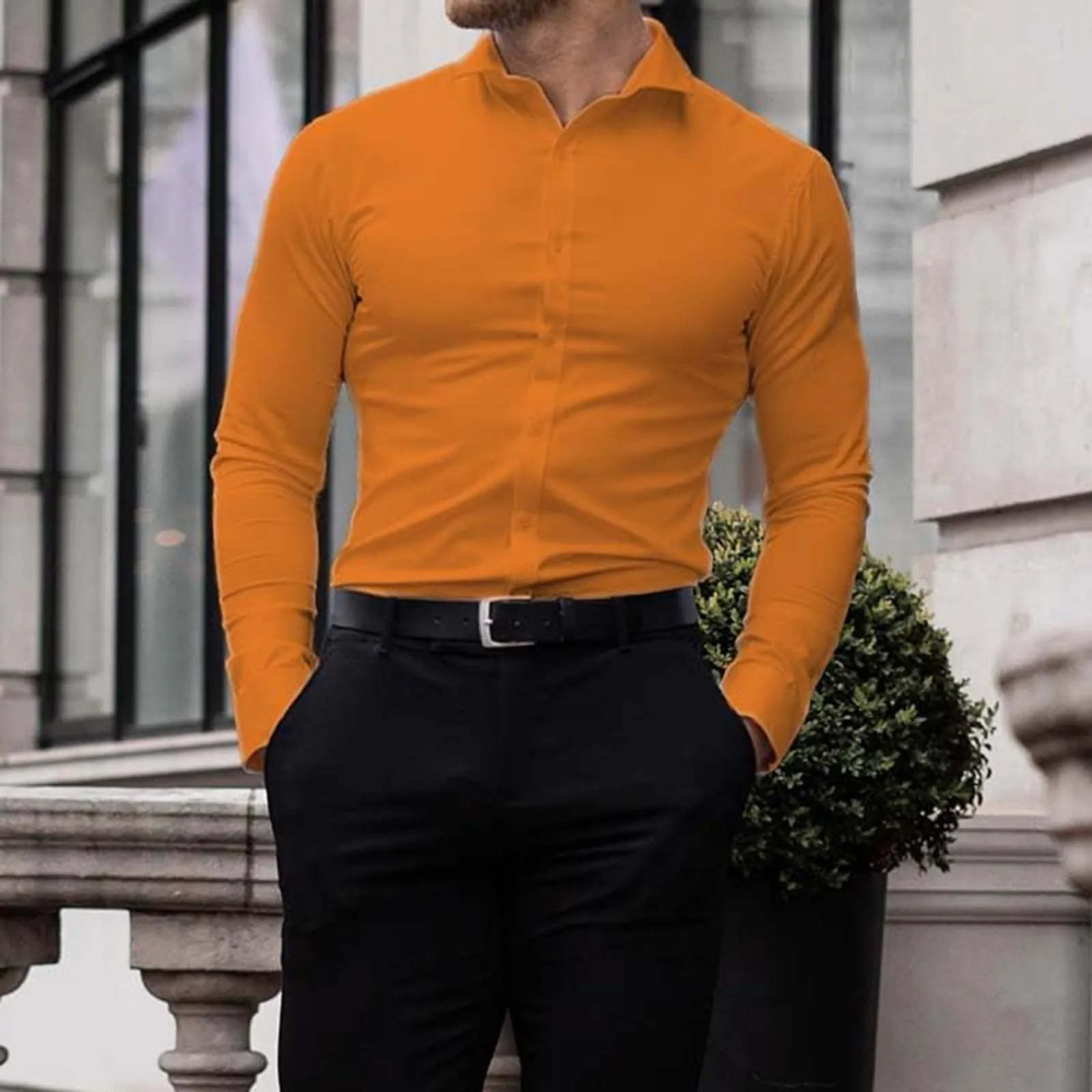 Generico Camicia da Uomo a Taglio Muscle Fit, Atletica Slim Fit, Maniche Lunghe Elasticizzate, Top Casual a Bottoni(Orange, XXL) - immagine 2