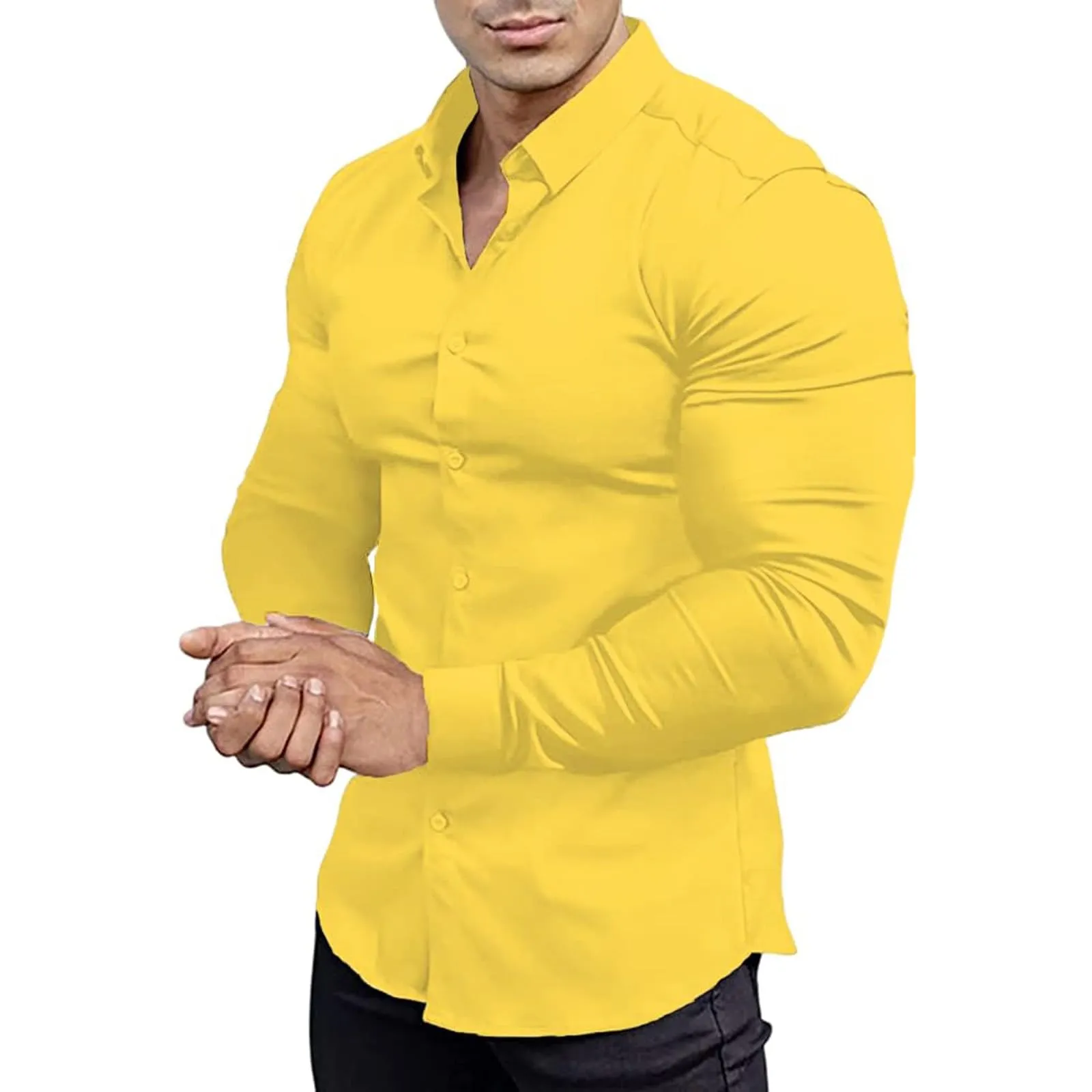 Generico Camicia da Uomo a Taglio Muscle Fit, Atletica Slim Fit, Maniche Lunghe Elasticizzate, Top Casual a Bottoni(Yellow, XXL) - immagine 1