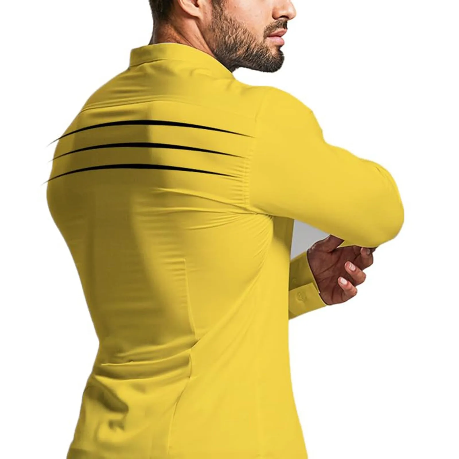 Generico Camicia da Uomo a Taglio Muscle Fit, Atletica Slim Fit, Maniche Lunghe Elasticizzate, Top Casual a Bottoni(Yellow, XXL) - immagine 5