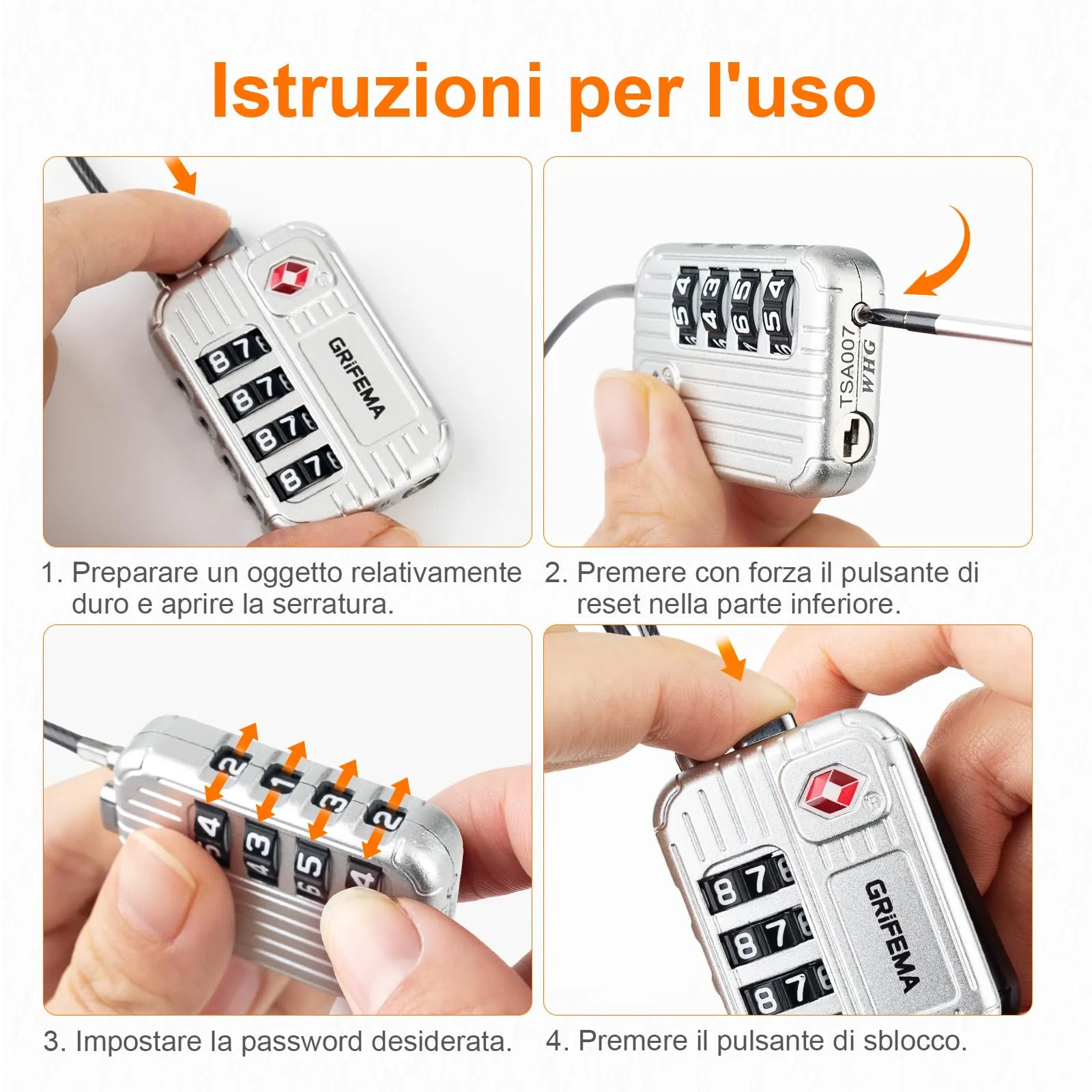 GRIFEMA GA1008W Lucchetto TSA Combinazione 4 Cifre Bianco - immagine 7