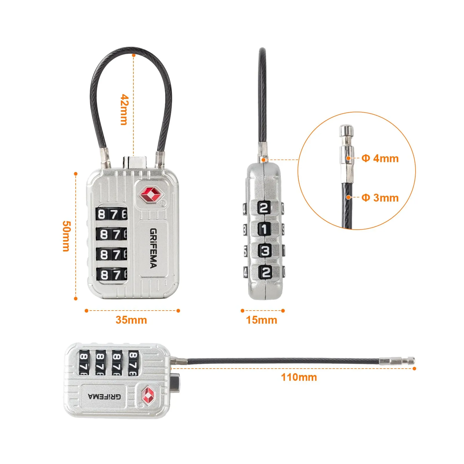 GRIFEMA GA1008W Lucchetto TSA Combinazione 4 Cifre Bianco - immagine 9