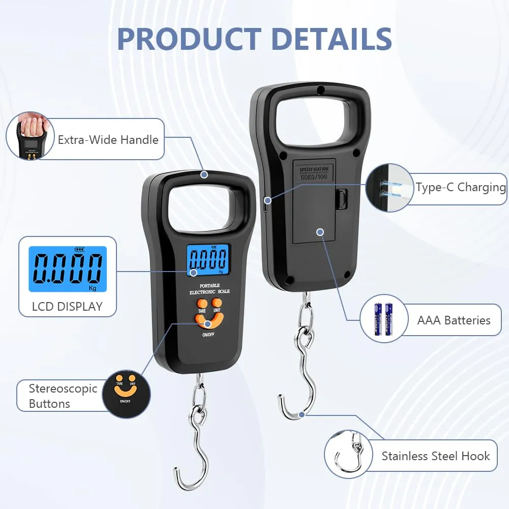 OSDUE Bilancia da Pesca,Bilancia Digitale pesa con gancio,50kg Bilancias Portatile Elettronica Professionale con Display LCD Retroilluminato,2 batterie AAA incluse per acquisti,espresso postale,pesca - immagine 3