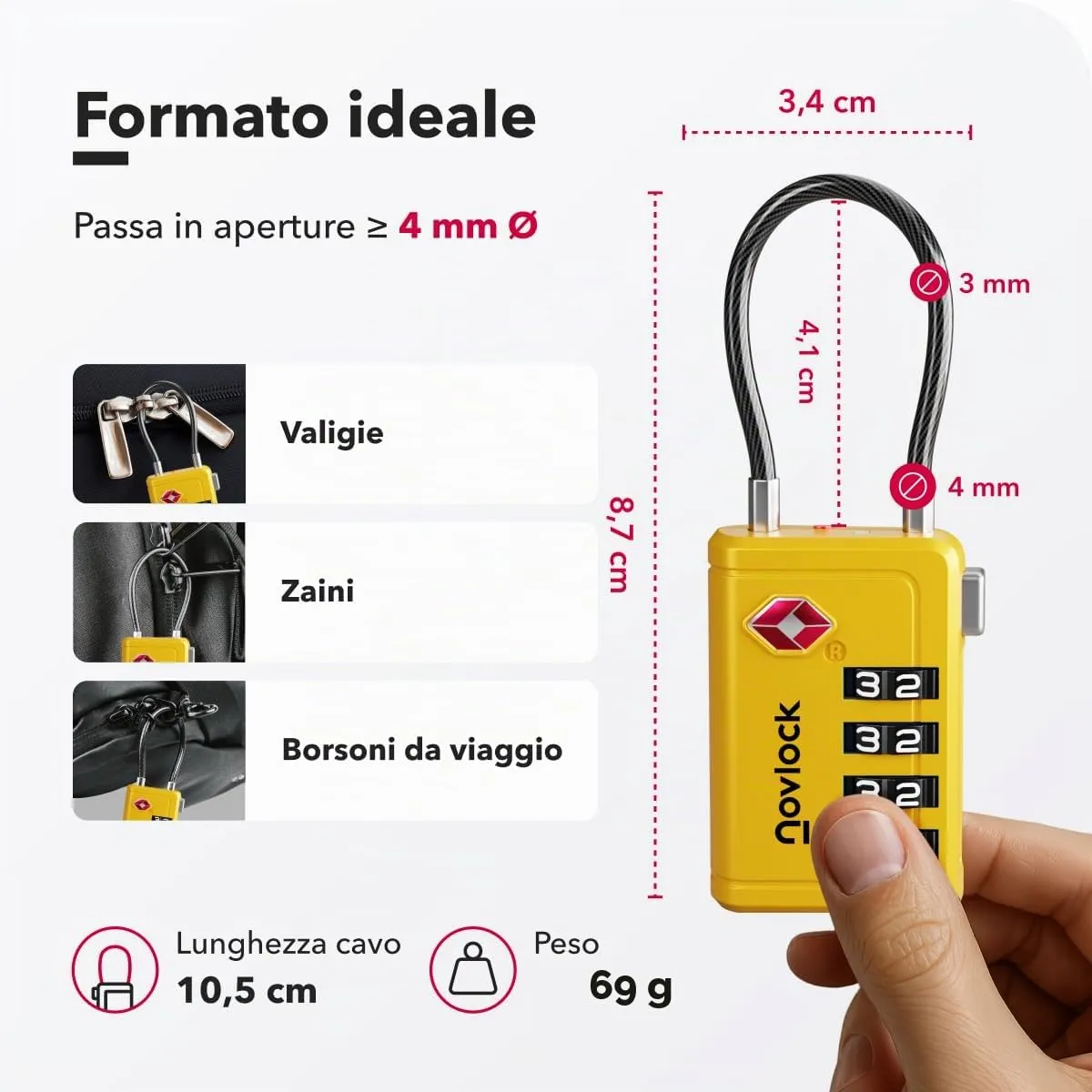 Lucchetti TSA con combinazione a 4 cifre – Per valigia, zaino, borsa da viaggio e bagaglio a mano – Ideali per viaggi in aereo – Confezione da 2 (gialli) - immagine 2