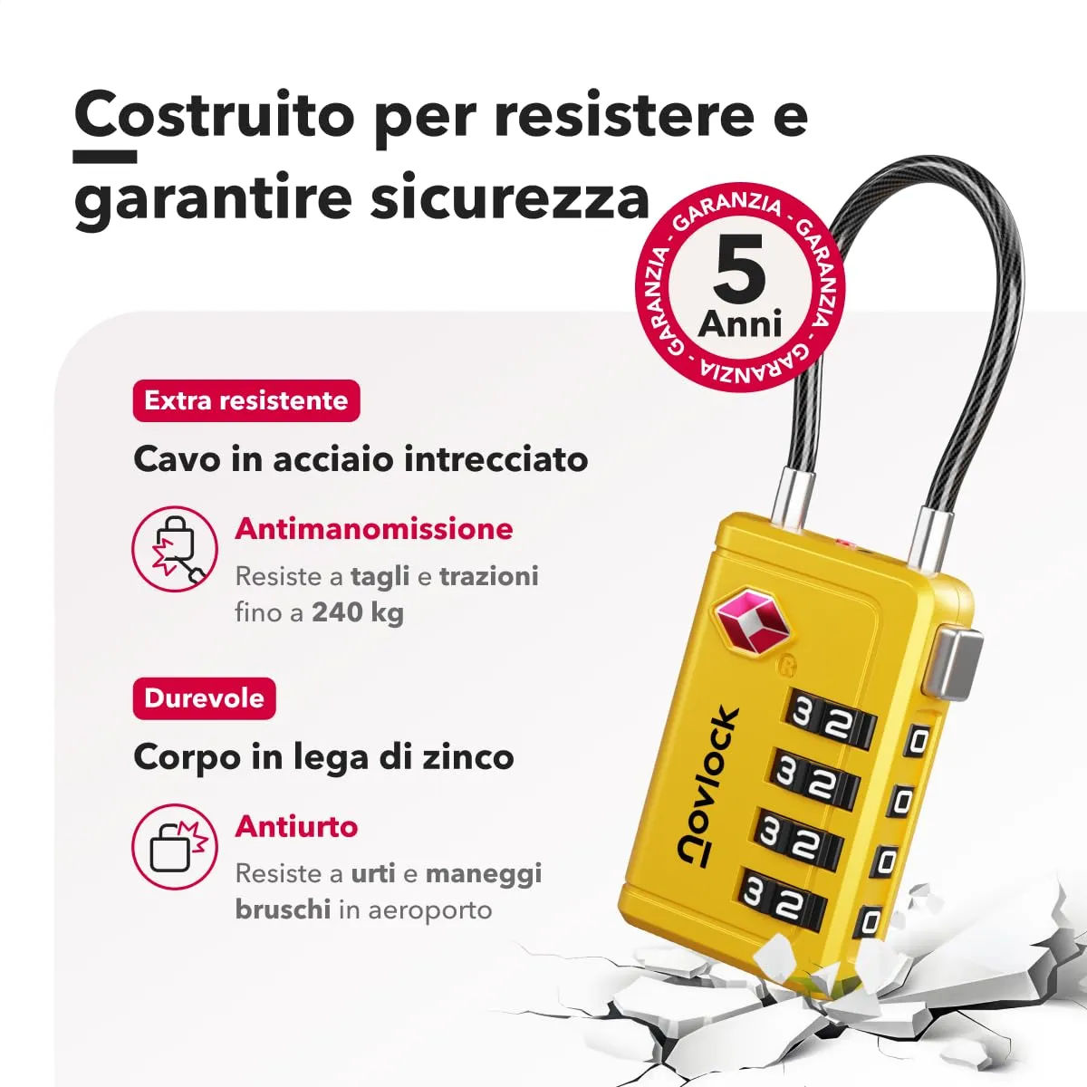Lucchetti TSA con combinazione a 4 cifre – Per valigia, zaino, borsa da viaggio e bagaglio a mano – Ideali per viaggi in aereo – Confezione da 2 (gialli) - immagine 4